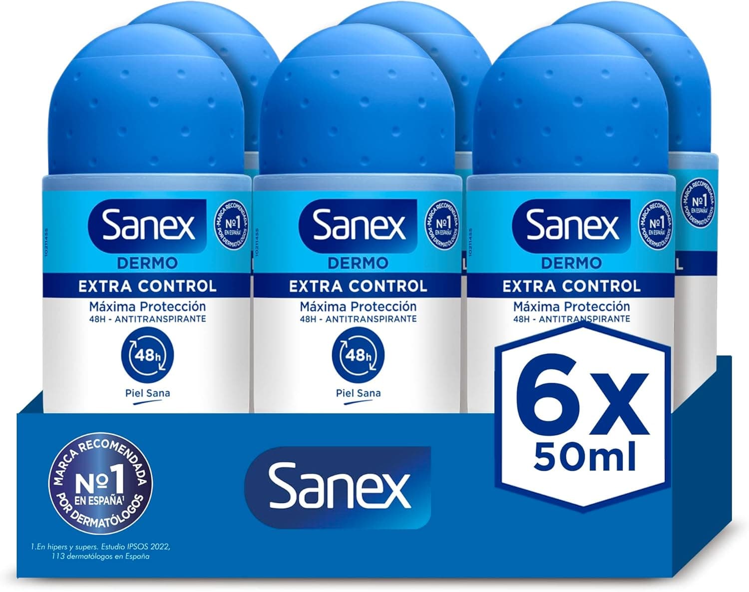 Sanex Dermo Extra controlo desodorizante Roll-On, pack 6 unidades x 50 ml, desodorizante anti-respirável, até 48H de proteção contra o suor e o odor, restaura o pH natural da pele