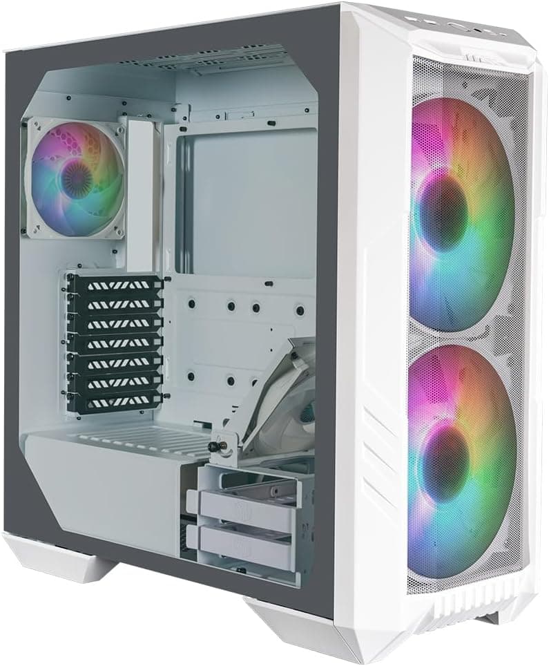 Cooler Master HAF 500 Caixa PC branca - Mid-Tower, 2 ventoinhas ARGB pré-instaladas de 200 mm, ventilador de GPU rotativo de 120 mm, refrigeração versátil, painel lateral de vidro temperado