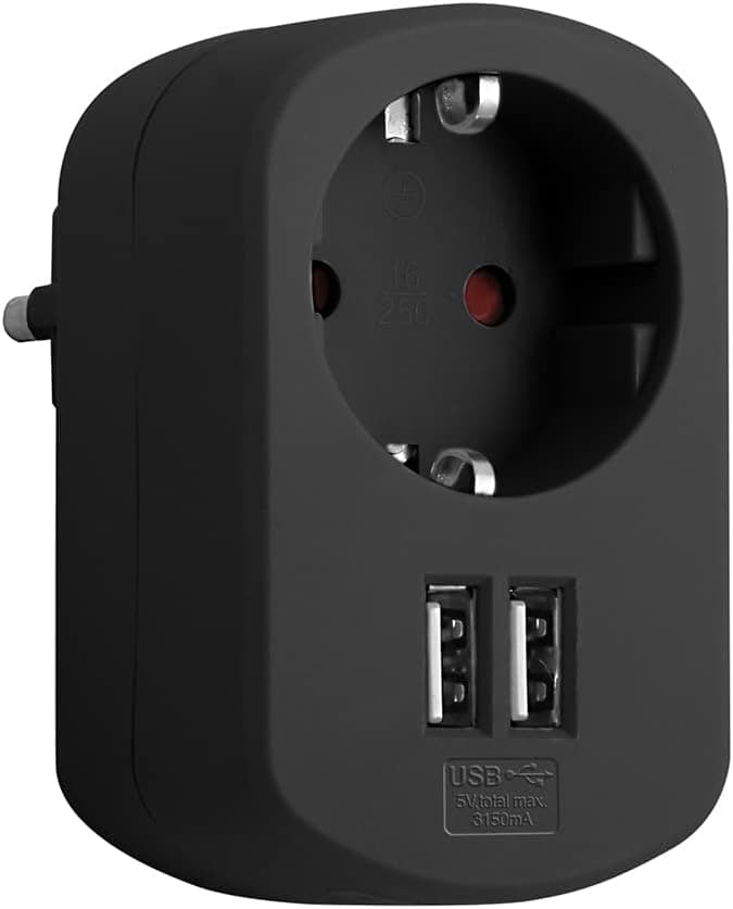 SIMON - Adaptador Combi, adaptador de viagem com tomada Schuko 16A e 2 tomadas USB, adaptador de corrente de carregamento de parede, padrão USB, cor preta