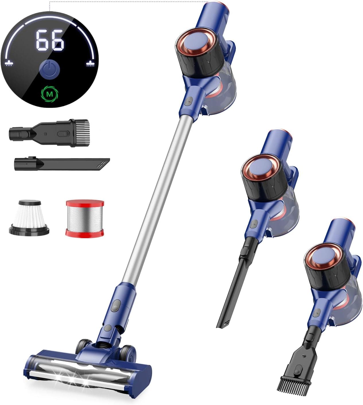 Tiazhan Aspirador sem cabo, 20 Kpa/200 W/50 Min, 1,2 litros camada de filtro lavável, ecrã animado LED e escova anti-embaraços, aspirador de parede recarregável para pó fino