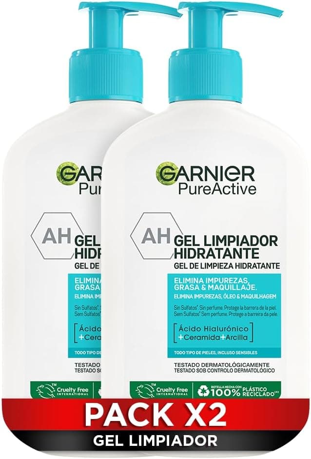 Garnier Pure Active Pack x2 gel de limpeza hidratante com ácido hialurónico , cerâmica e argila, elimina as impurezas, gordura e maquilhagem, 2 x 250 ml