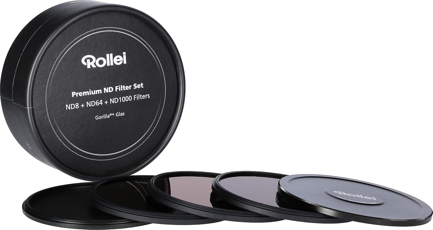 Kit de filtros circulares Rollei premium composto por: 1 x ND8, ND64 e ND1000, filtros fabricados em vidro Gorilla com anel ALU para exposições prolongadas com tampa protetora de ALU
