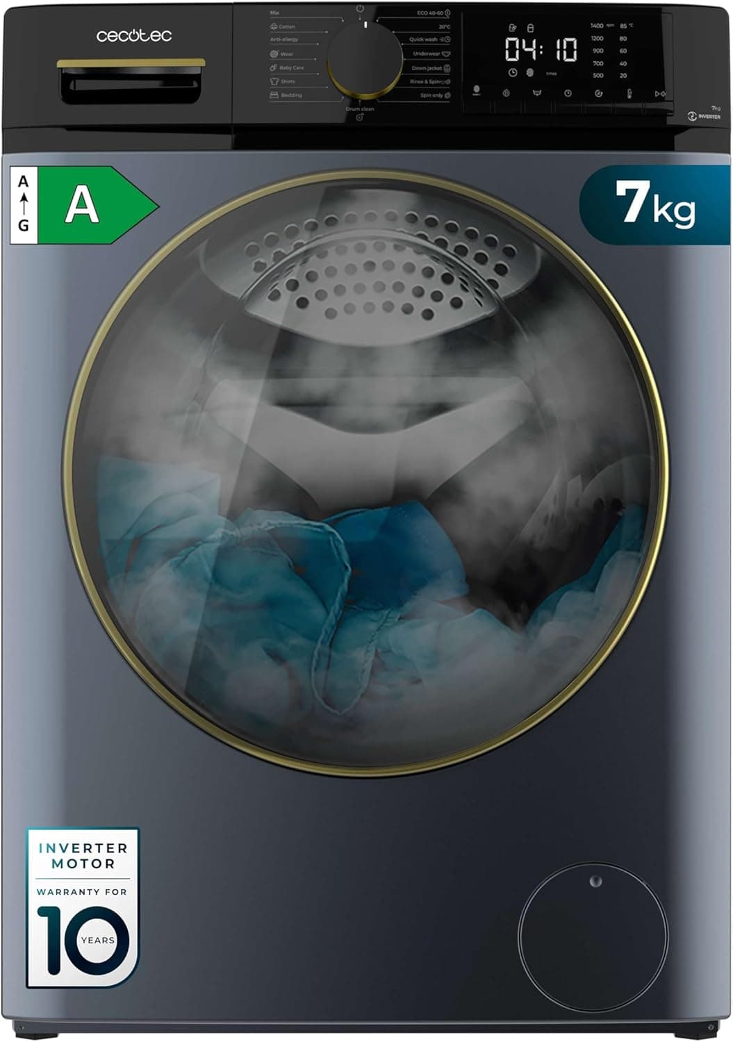 Cecotec Lavadora de carga frontal 7 kg Bolero Dresscode 7610 Inverter Ice Blue A, carga frontal Ice Blue de 7 kg de capacidade, 1400 Rpm, classe A, função a vapor, motor inversor Plus, 15 Plus