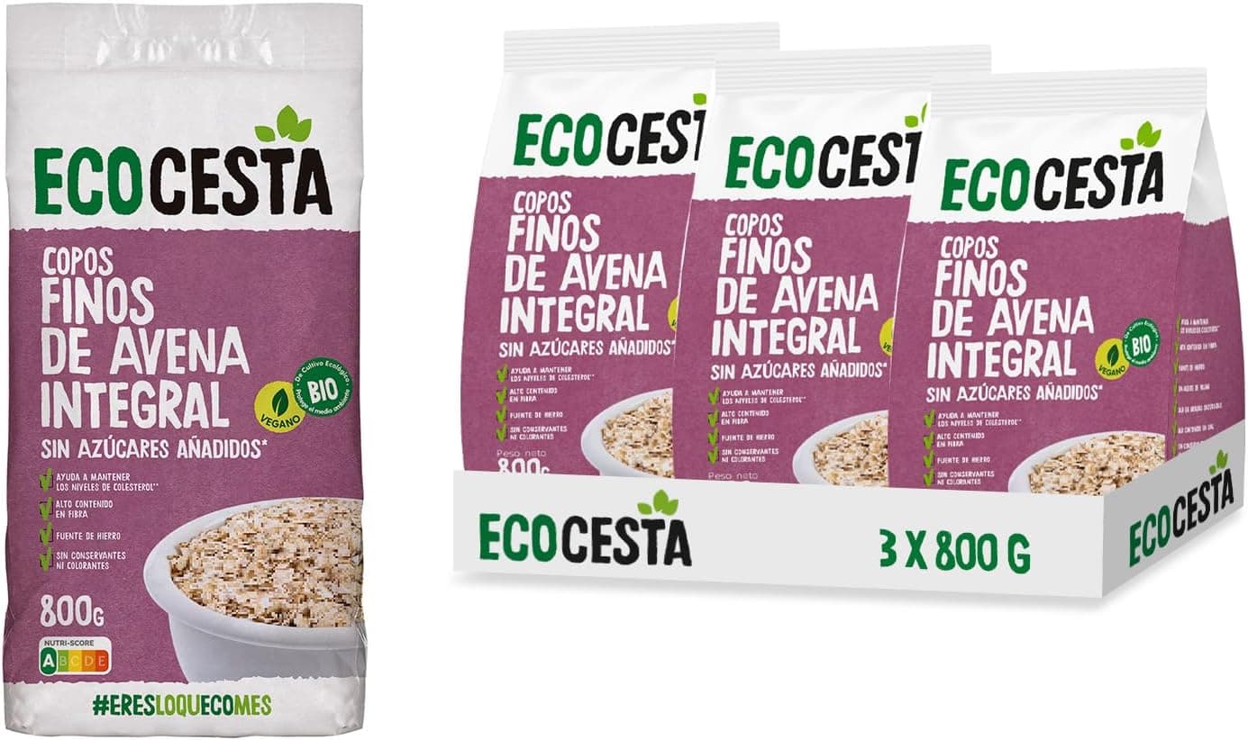 ECOCESTA MEJOR CADA DIA - Conjunto de 3 unidades de flocos macios de aveia integral ecológica de 800 g, sem açúcar adicionado, alto conteúdo em fibra e proteínas, cereais de pequeno-almoço