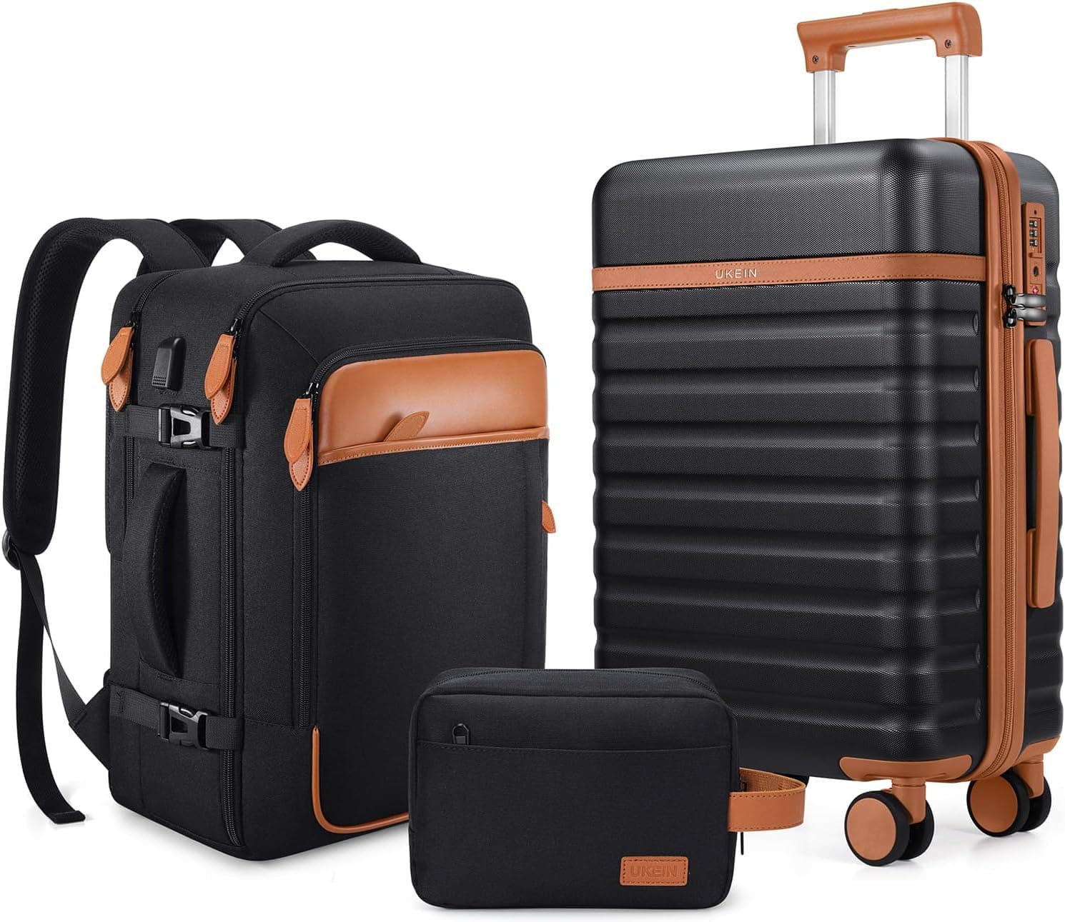 Conjunto de 3 malas rígidas UKEIN, leves, com rodas e cadeado TSA, inclui bolsa de viagem e nécessaire – Preto