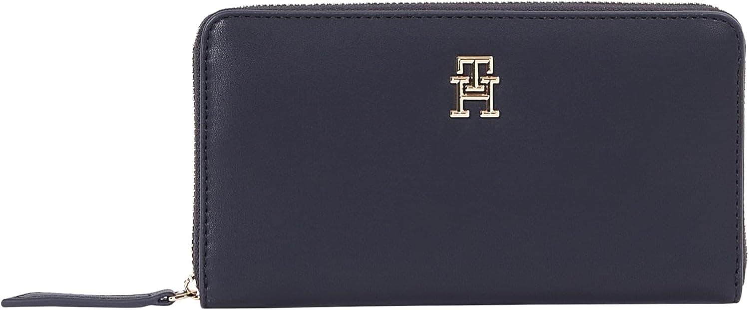 Tommy Hilfiger Logotape Lrg Za | Carteira feminina azul com fecho de correr e compartimentos internos em poliuretano