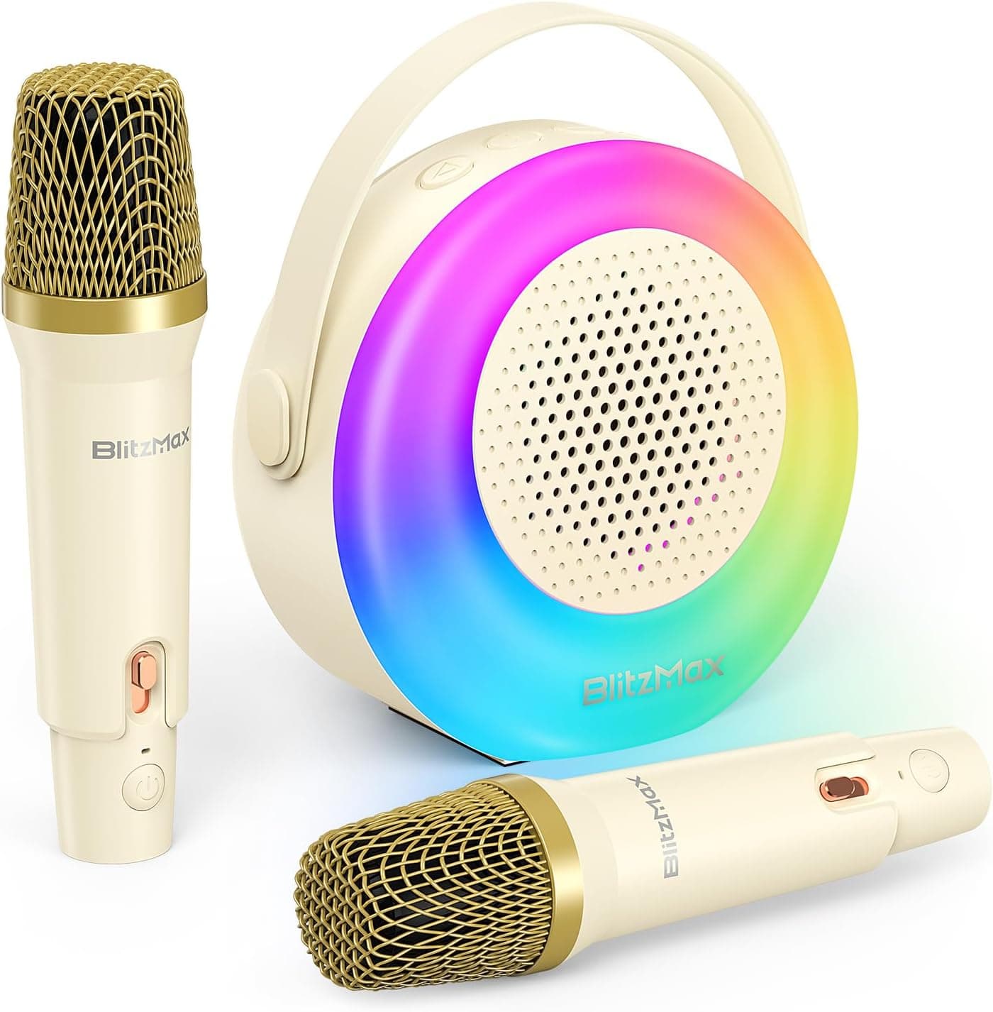Máquina de karaokê para crianças portátil com 2 microfones, sem fios, Bluetooth (bege)