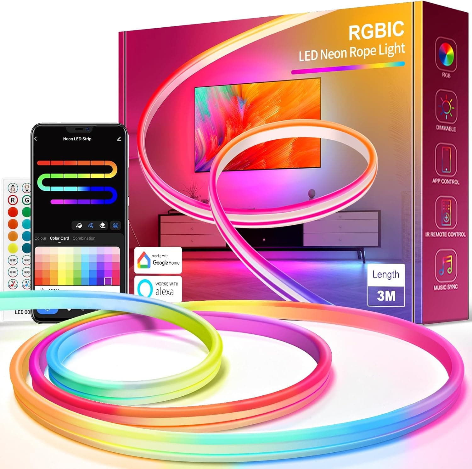 Beaeet Luzes led néon 3 metros, faixa LED néon RGB+IC com controlo de APP, bricolage, sincronização de música, compatível com Alexa, faixa LED néon para quarto, festa de aniversário, Natal