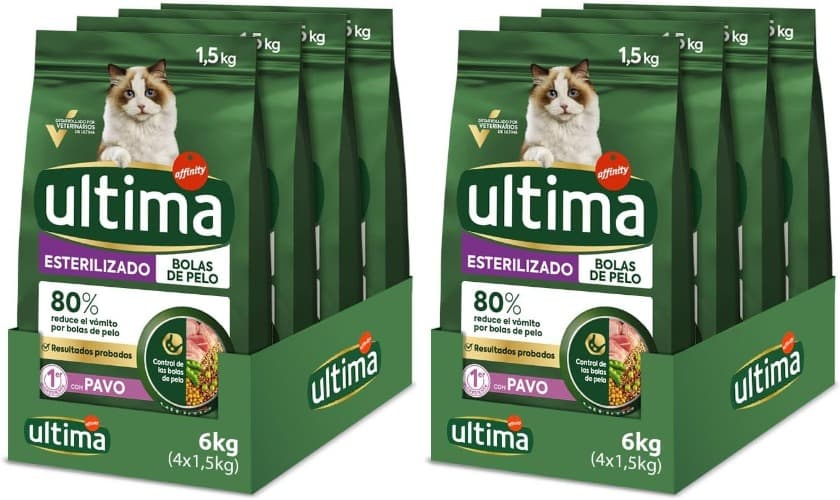 Ultima Esterilizado bolas de pelo peru, comida seca para gatos, embalagem de 4 x 1,5 kg, total 6 kg