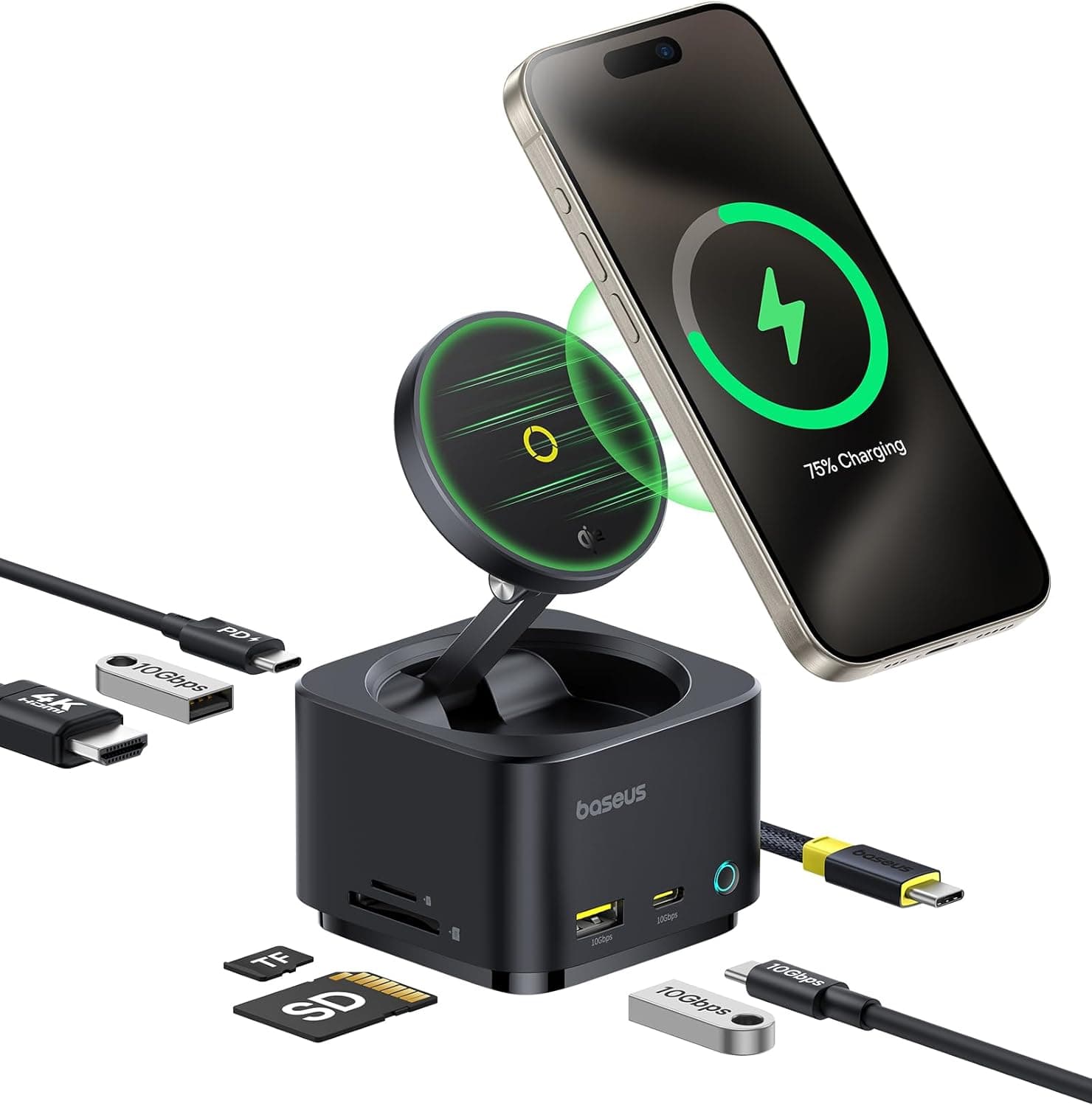 Baseus 7 em 1 | Hub USB-C magnético com carregador wireless MagSafe 15 W HDMI 4K leitor de cartões SD e Power Delivery 100 W