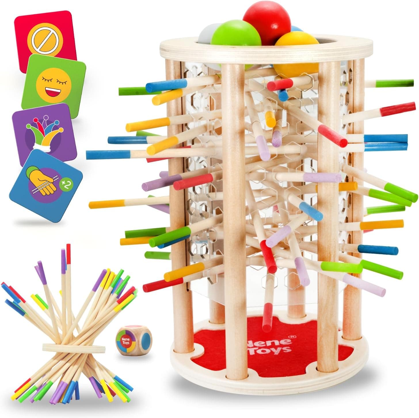 Nene Toys BALLFALL Grande, jogo Montessori para crianças dos 3 4 5 6 anos - jogo de tabuleiro educativo com pauzinhos, dados e cartas - jogo familiar torre de madeira - presente didático meninos
