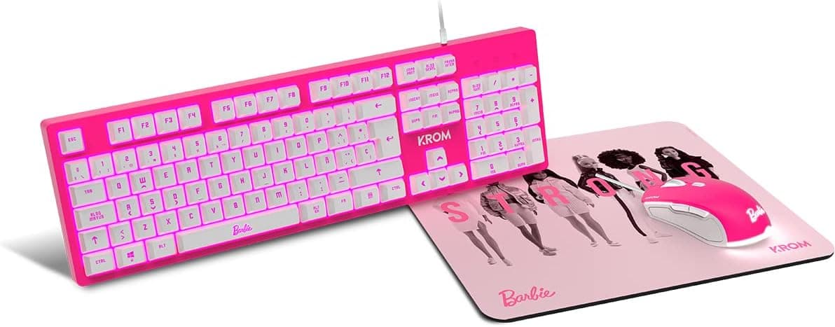 KROM Kit teclado, rato e tapete edição Barbie KANDY - teclado membrana LED branco, rato com sensor ótico 6400 DPI, tapete de borracha macia e resistente, layout espanhol, cor rosa