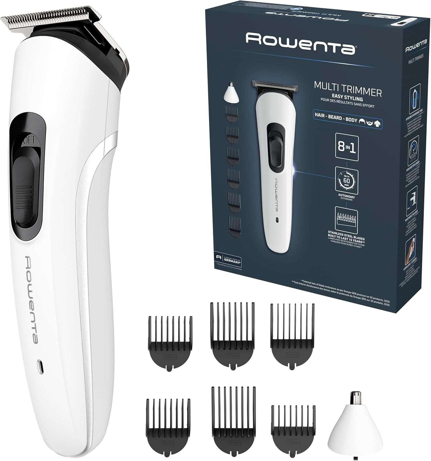 Rowenta Trim & Style 8 em 1, multiacessórios para homem, lâminas de aço inoxidável autoafiáveis, 6 pentes fixos, acessório nariz e orelhas, TN8934E0