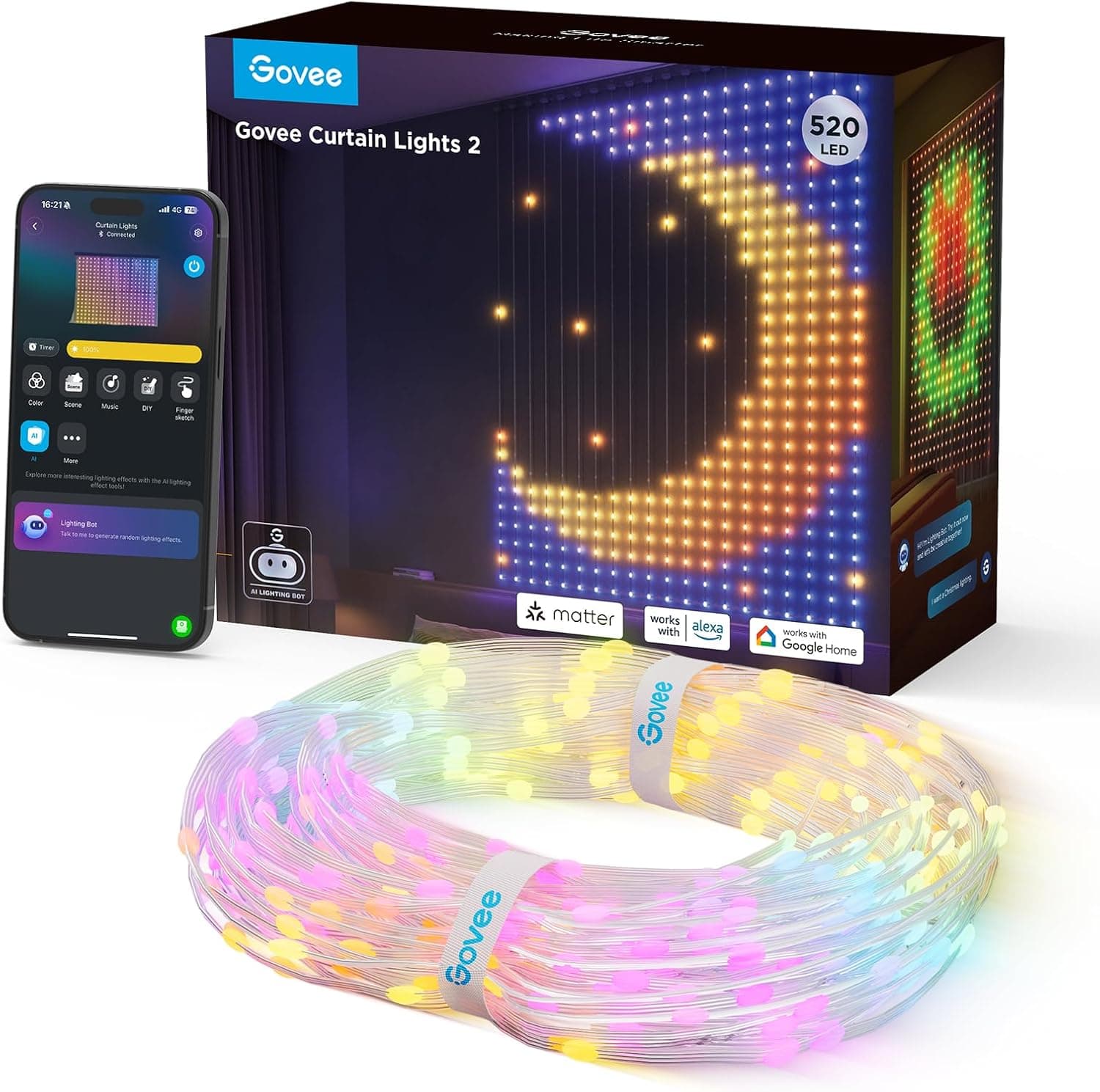 Govee Curtain Lights, cortina LED inteligente com GIF DIY, 520 luzes de fadas que mudam de cor RGBIC, decoração dinâmica inteligente, IP65 MAX impermeável, compatível com Alexa (1,5 x 2 m) 