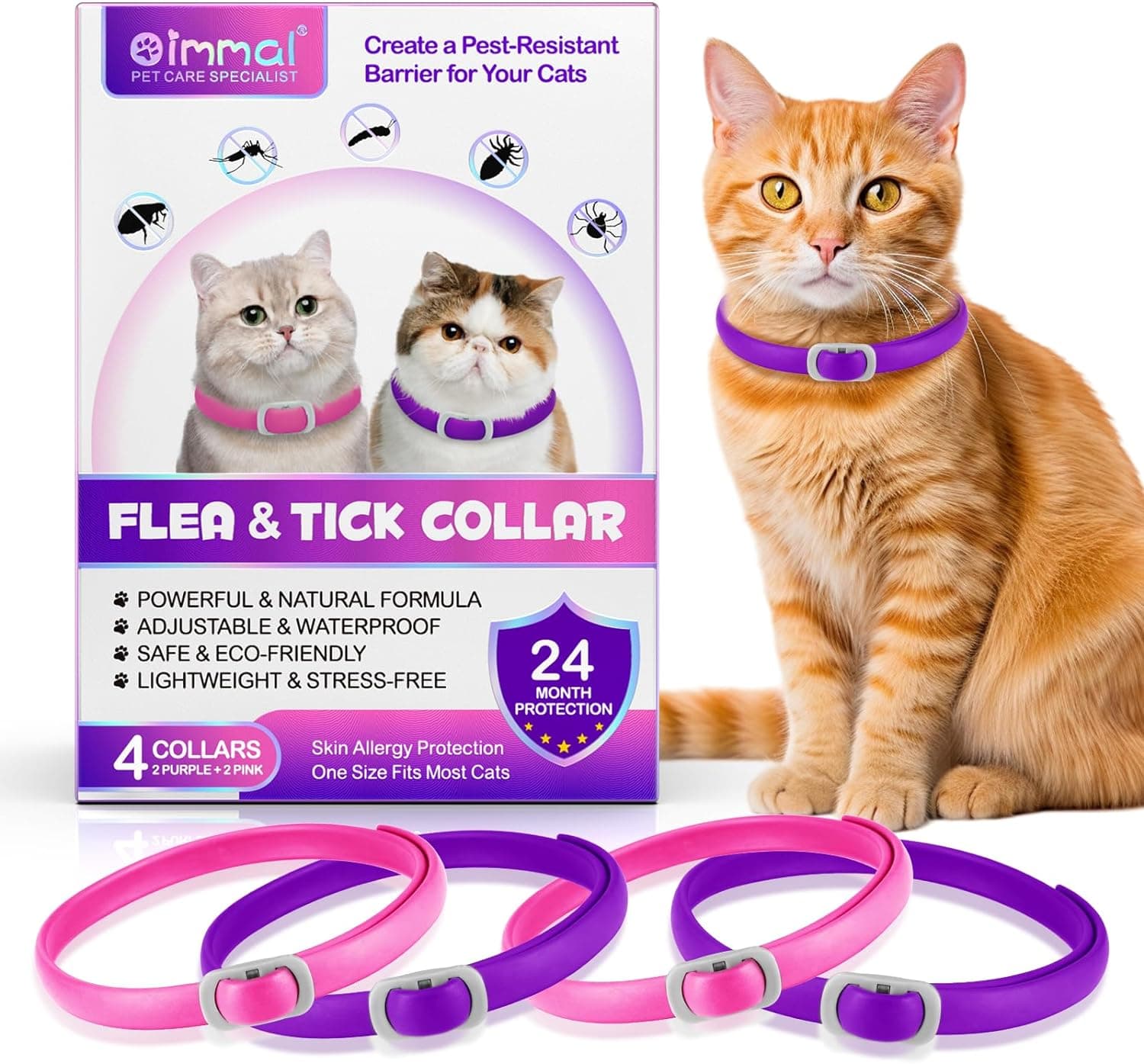 Colar anti-pulgas para gatos, tratamentos de pulgas e carraças para gatos-4 peças colar antiparasitário proteção para 24 meses, ajustável e impermeável - colar anti-pulgas gatos