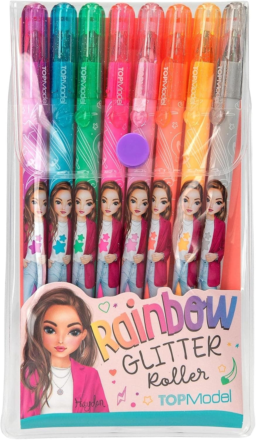 Depesche 12192 TOPModel - Conjunto de marcadores de gel com purpurina arco-íris em estojo transparente com fecho de botão de pressão, 8 marcadores de cores com purpurina para escrever e decorar