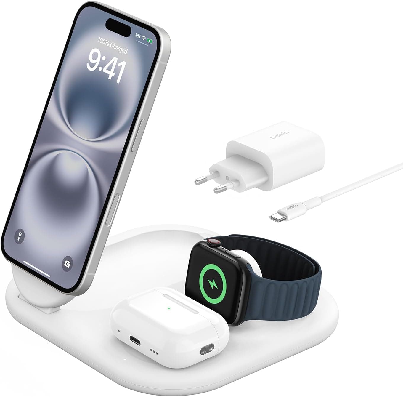 Belkin BoostCharge Carregador magnético dobrável 3 em 1, com Qi2 de 15 W, estação de carregamento rápido compatível com MagSafe