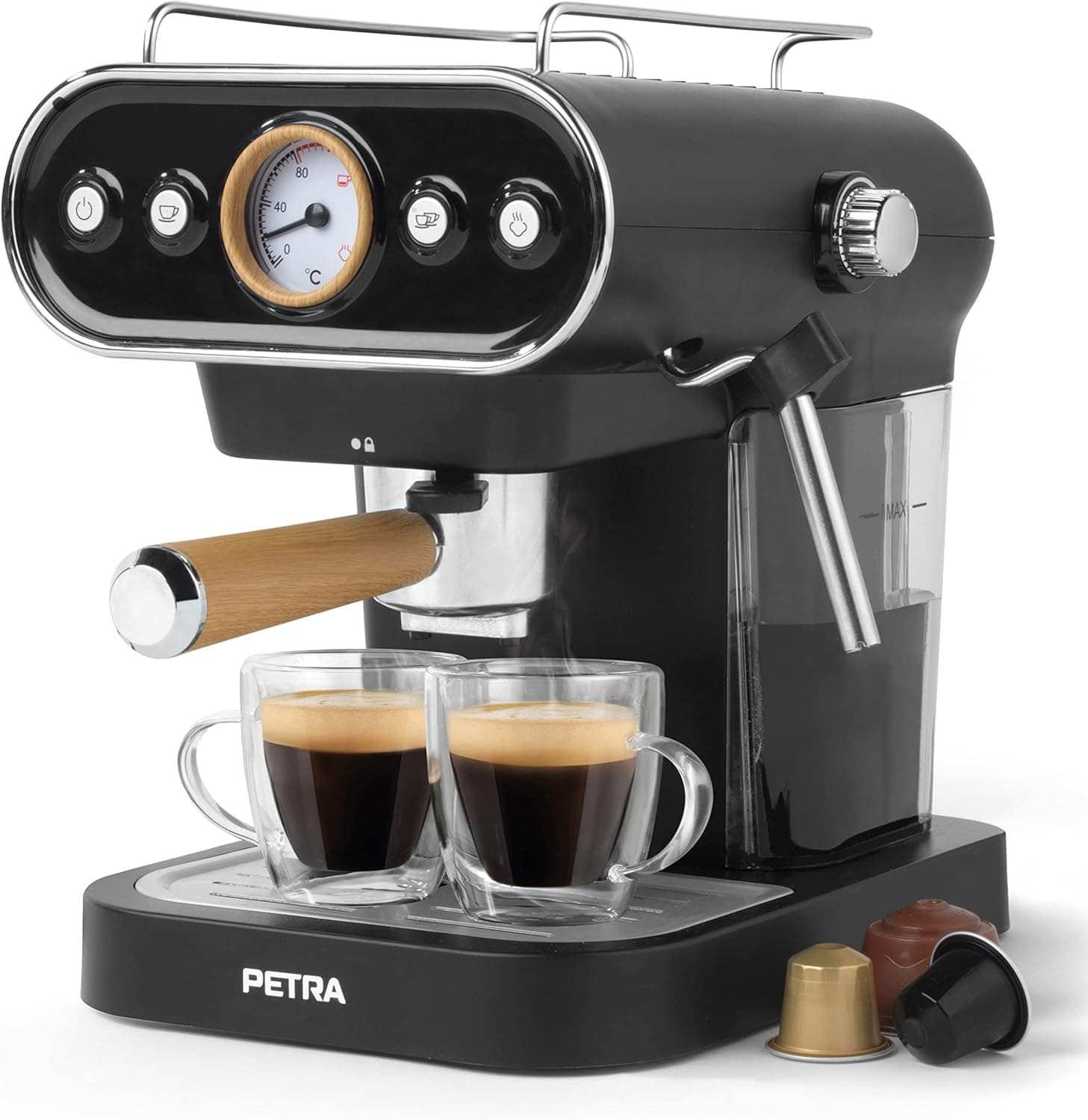 Petra PT5108VDEEU7 Cafeteira espresso elétrica de estilo retro, compatível com cápsulas de 30/54 mm e café moído, vaporizador de leite ajustável, bomba de pressão italiana de 19 bar, sem BPA, 1050 W