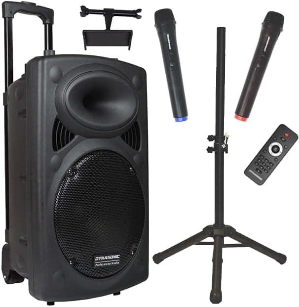 DYNASONIC - DYNAPRO 15 Plus (3ª geração pack tripé) altifalante Bluetooth portátil profissional, altifalante Bluetooth potente 800 W 2 microfones karaokê, suporte para tablet e tripé UHF
