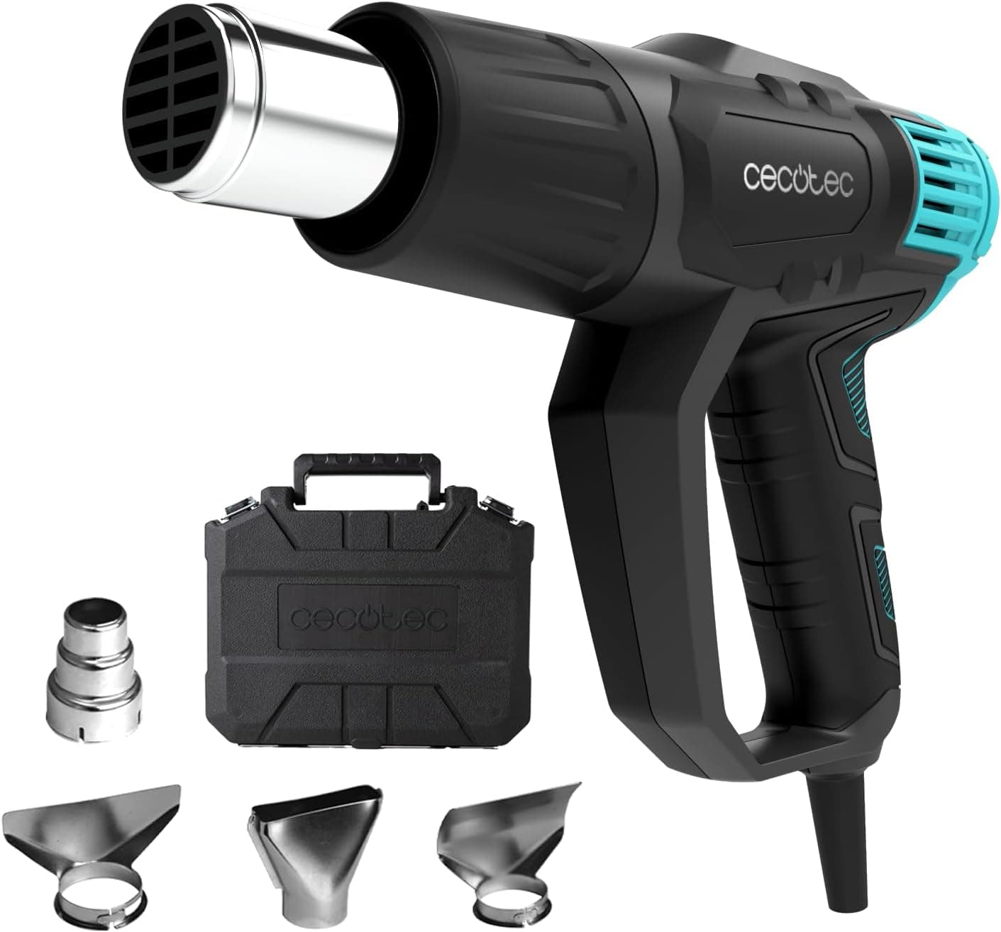 Cecotec Pistola de calor Hell Gun 7500 Full Equip. 2000 W, aquecimento ultra-rápido, 4 cabeças, mãos livres, temperatura ajustável de 50 a 600 °C, 2 níveis de potência de ar, pasta