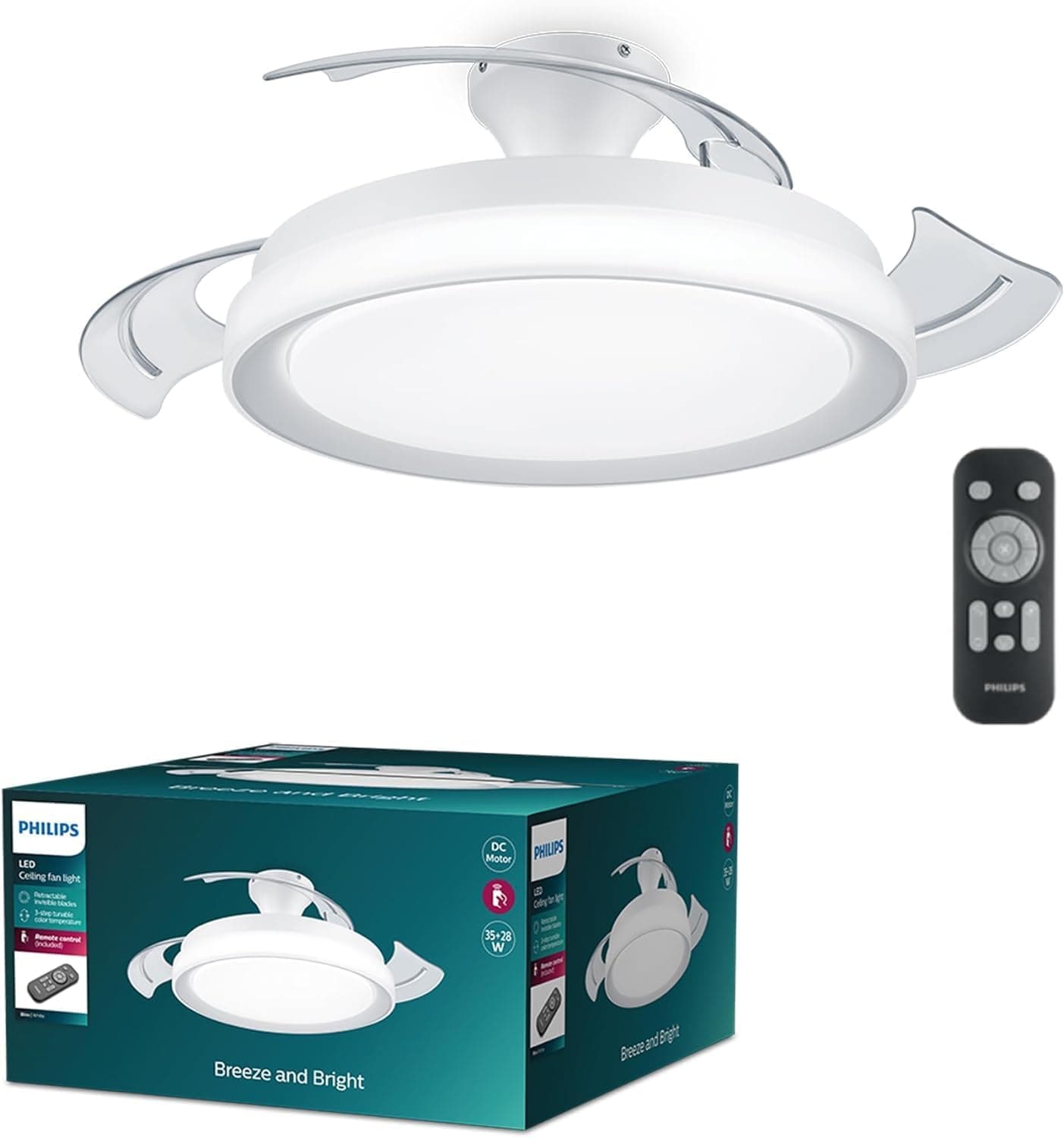 Philips Ventilador de Techo Bliss con luz LED 28W, motor DC (35W), aspas retráctiles, color Blanco, 3 temperaturas de luz, Mando Incluido, Modo Invierno/Verano, (versión 2024)