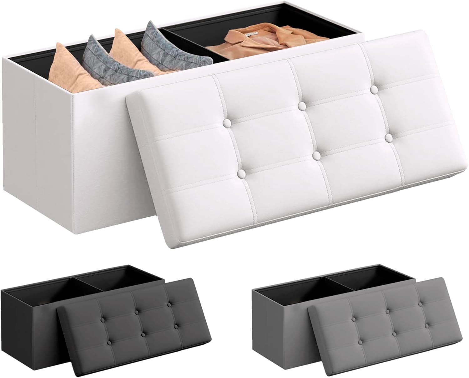 JUPPLIES 80 Litre | Banqueta de arrumação dobrável em PVC acolchoado com tampa, suporta até 300 kg, 76 x 38 x 38 cm, branca