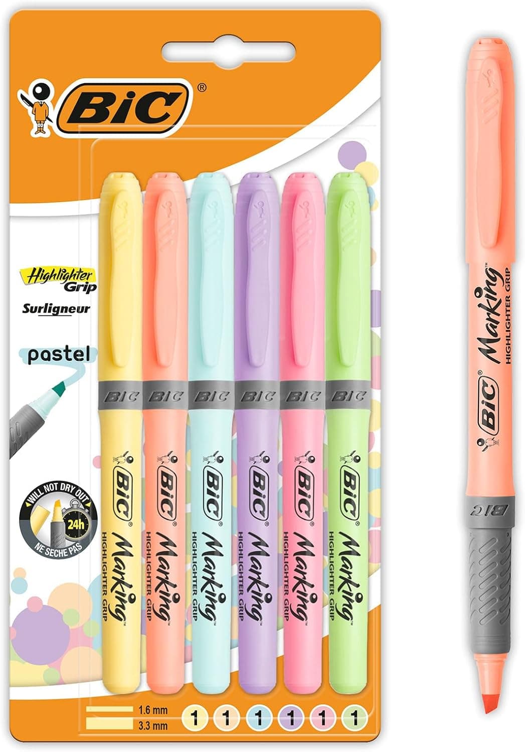 ‎BIC Marcadores Highlighter Grip Pastel, embalagem de 6 | Realçadores de texto em cores pastel para escola e escritório