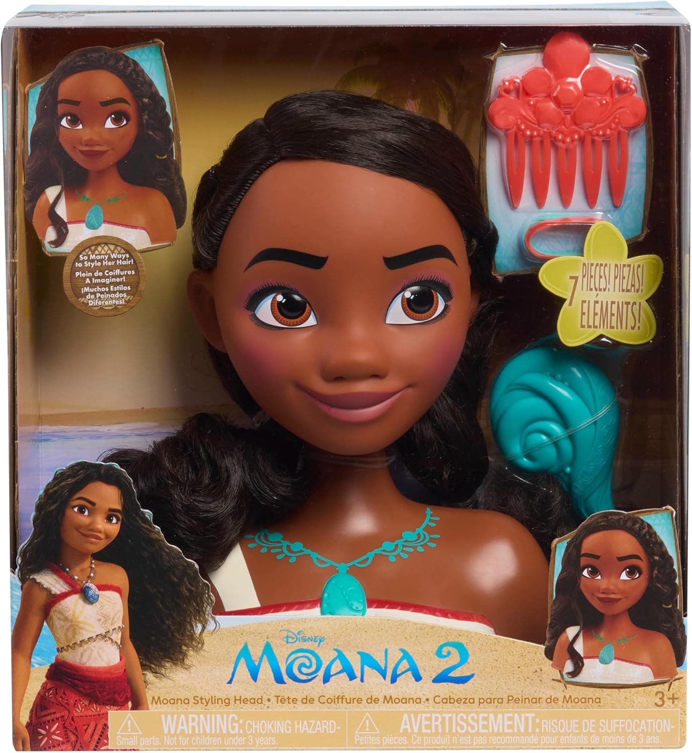 Just Play Cabeça para penteados princesa Moana 2 da Disney, 7 peças, conjunto de simulação, brinquedos para crianças a partir de 3 anos