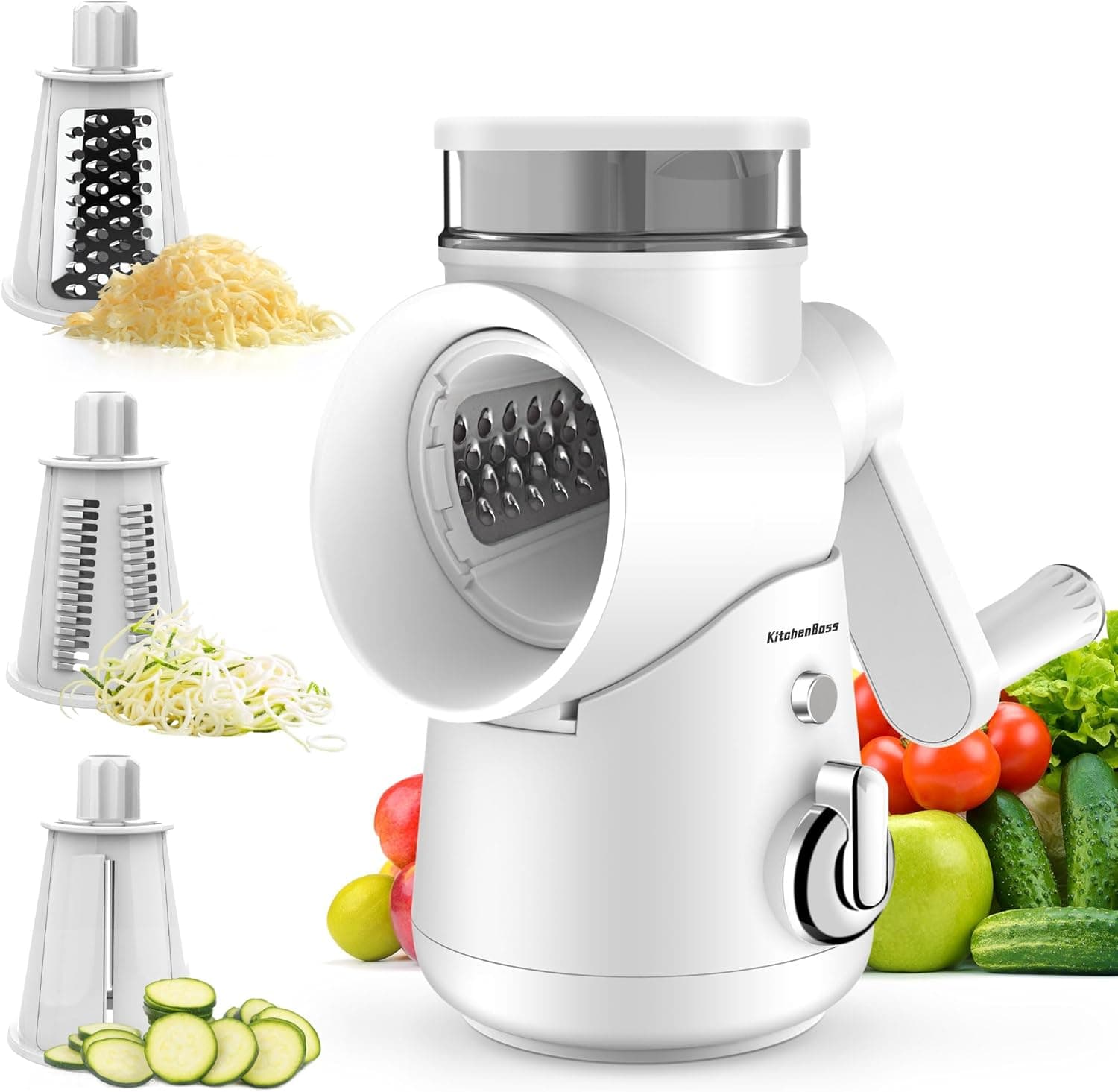 KitchenBoss Raladores de cozinha, ralador de queijo: cortador de legumes 3 em 1 com cabo e 3 lâminas, para cortar muitas frutas e legumes, branco