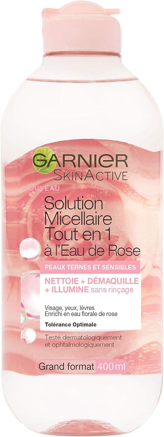 GARNIER Skin Active Solução Micelar Tudo em 1 - Limpa, desmaquilhante, & Reavive L'Brillo - Micelas e água de rosa - Vegan & Cruelty Free - Rosto, olhos, lábios, pele opaca e sensível, 400 ml