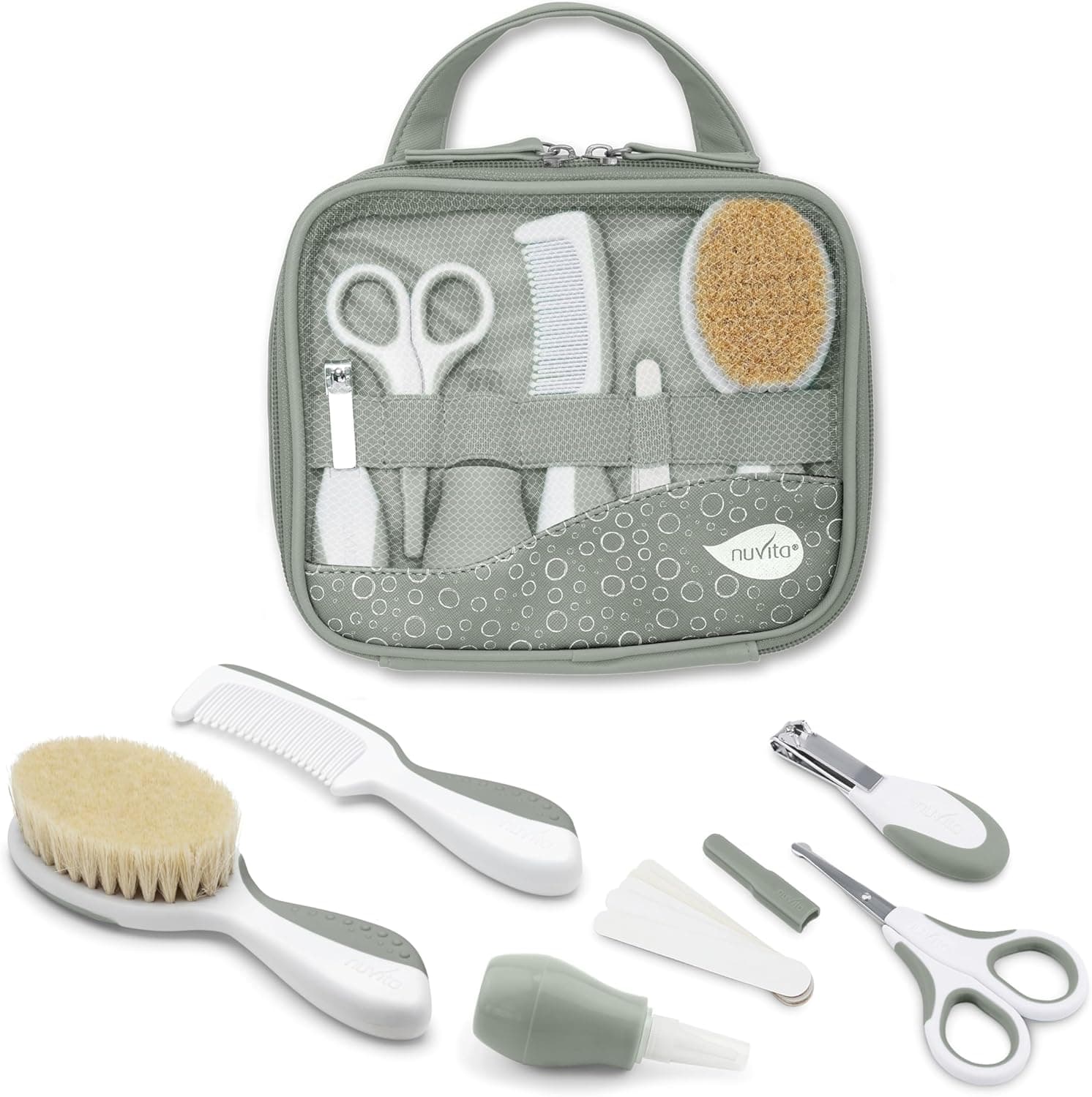 Nuvita 1146 | Conjunto completo de cuidados para bebês | Bolsa de banho | Beleza para Bebês | Tesoura para unhas e cabelos sem BPA | Marca registrada da UE | Sálvia Verde