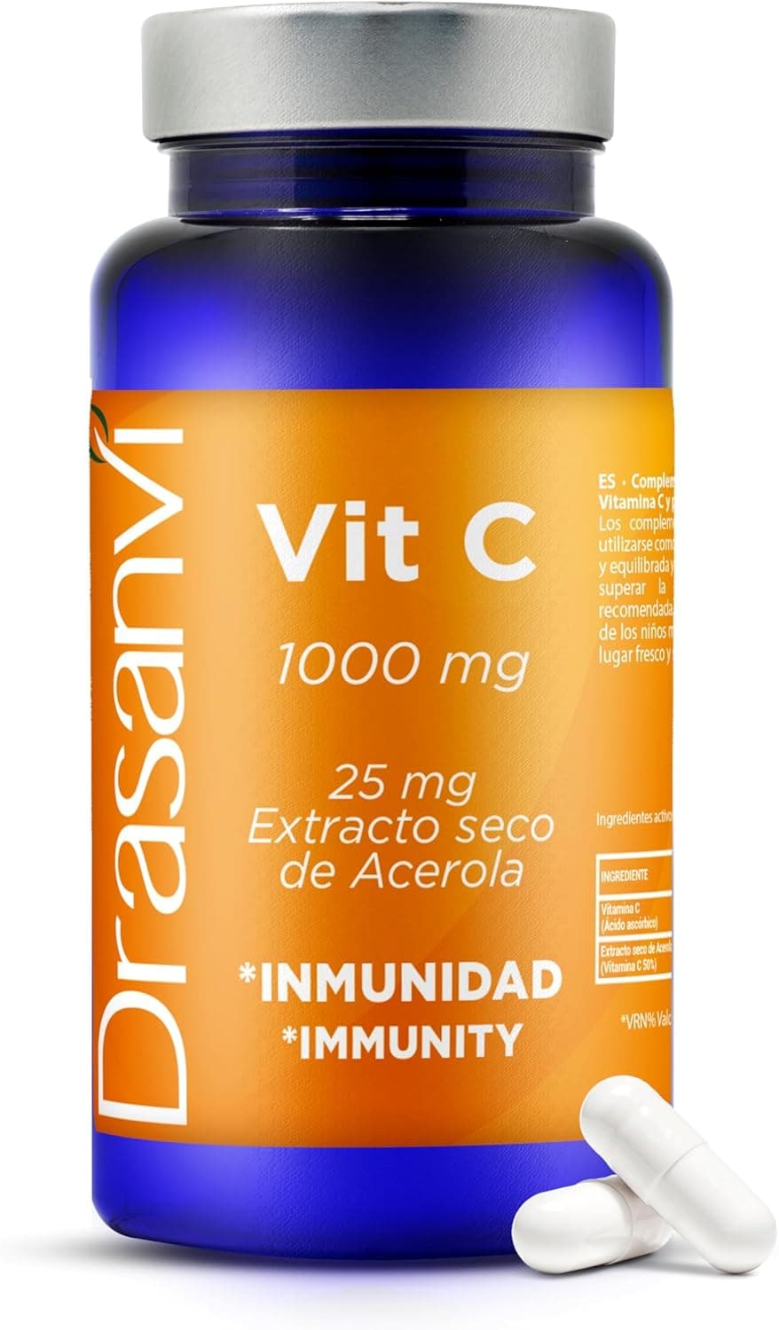 DRASANVI VITAMINA C 1000 mg Vitaminas para o cansaço, sistema imunitário, potente antioxidante, formação de colagénio, vitamina C pura, ácido ascórbico, 60 cápsulas de vitamina C = 60 dias