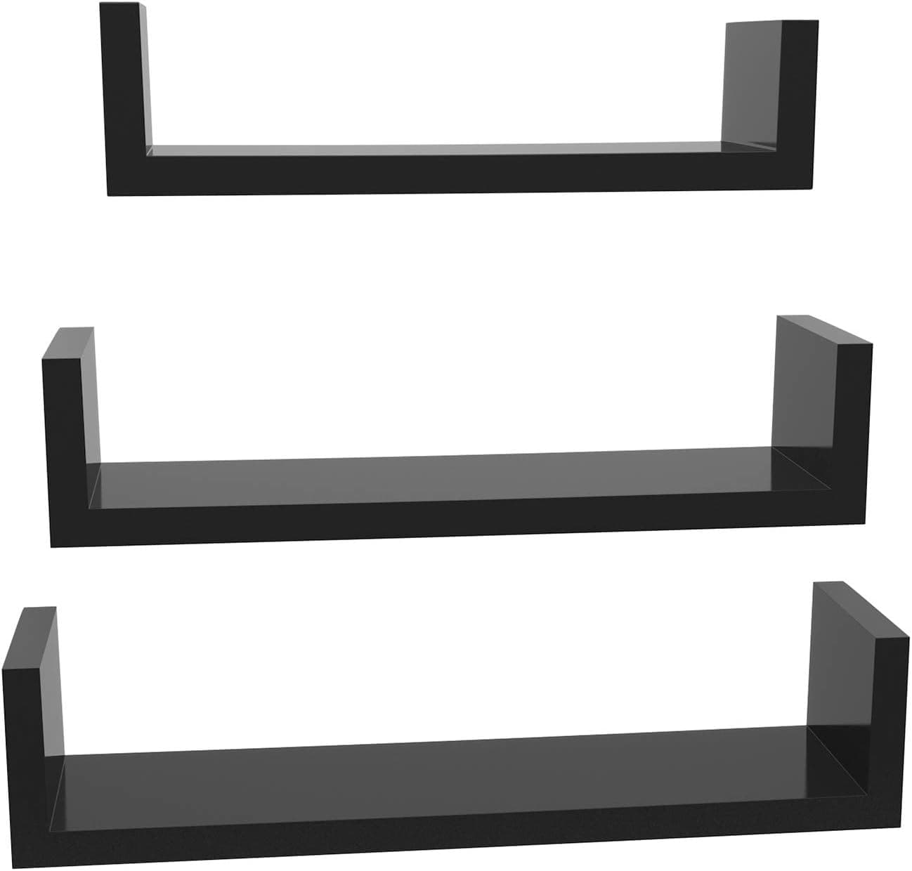 SONGMICS LWS40BK - Conjunto de 3 prateleiras de parede modernas, prateleiras flutuantes com acabamento de alto brilho e montagem invisível, cor preta