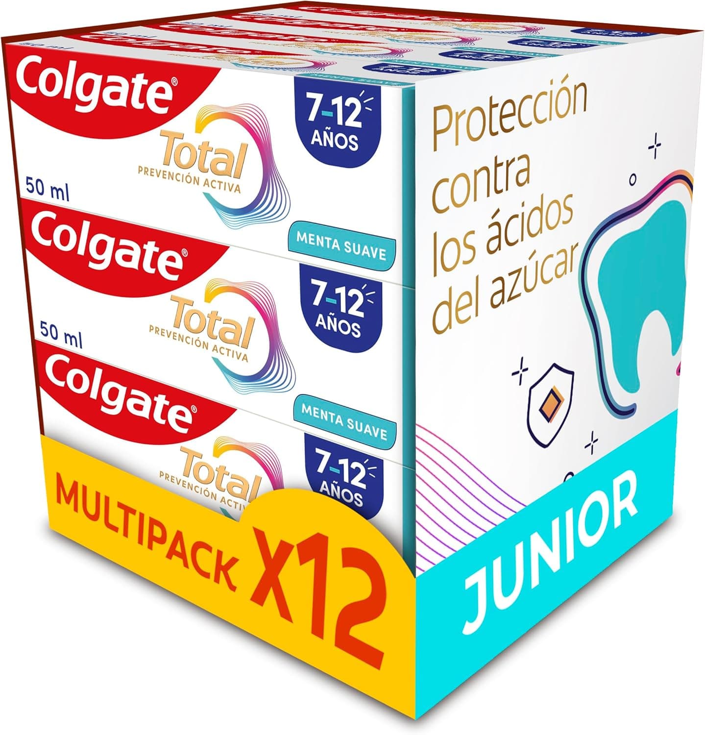 Colgate Total Junior pasta de dentes infantil, pack de 12 unidades x 50 ml, proteção completa, dentífrico que contém fluor, proteção anticárie, ingredientes antibacterianos, produto reciclável