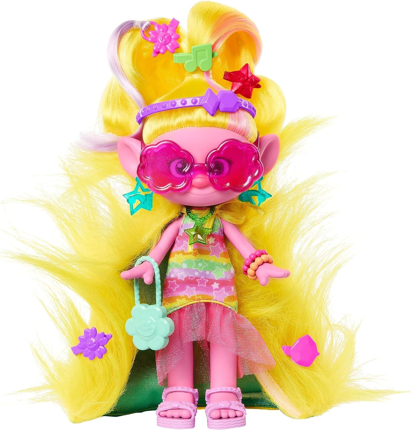 Mattel Trolls 3 todos juntos boneca viva com pelo amarelo que se transforma em capa inspirada no filme, acessórios surpresa dentro do cabelo, brinquedo +3 anos (HNF17)