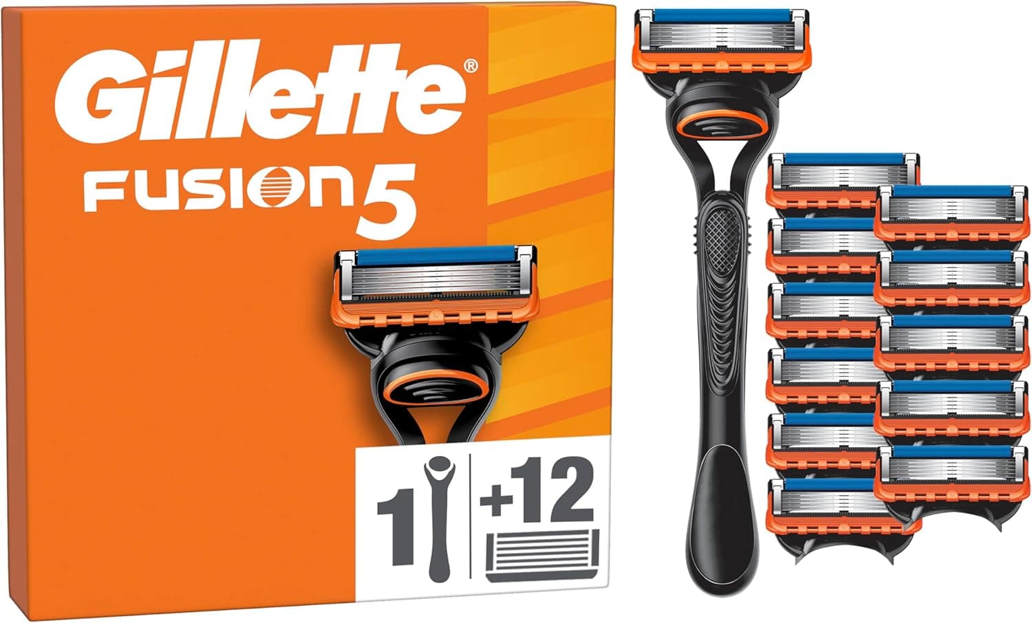 Gillette Fusion5 Máquina de barbear para homem com substituições, 1 manga, 12 lâminas com 5 folhas, faixa de gel lubrificante e aparador de precisão