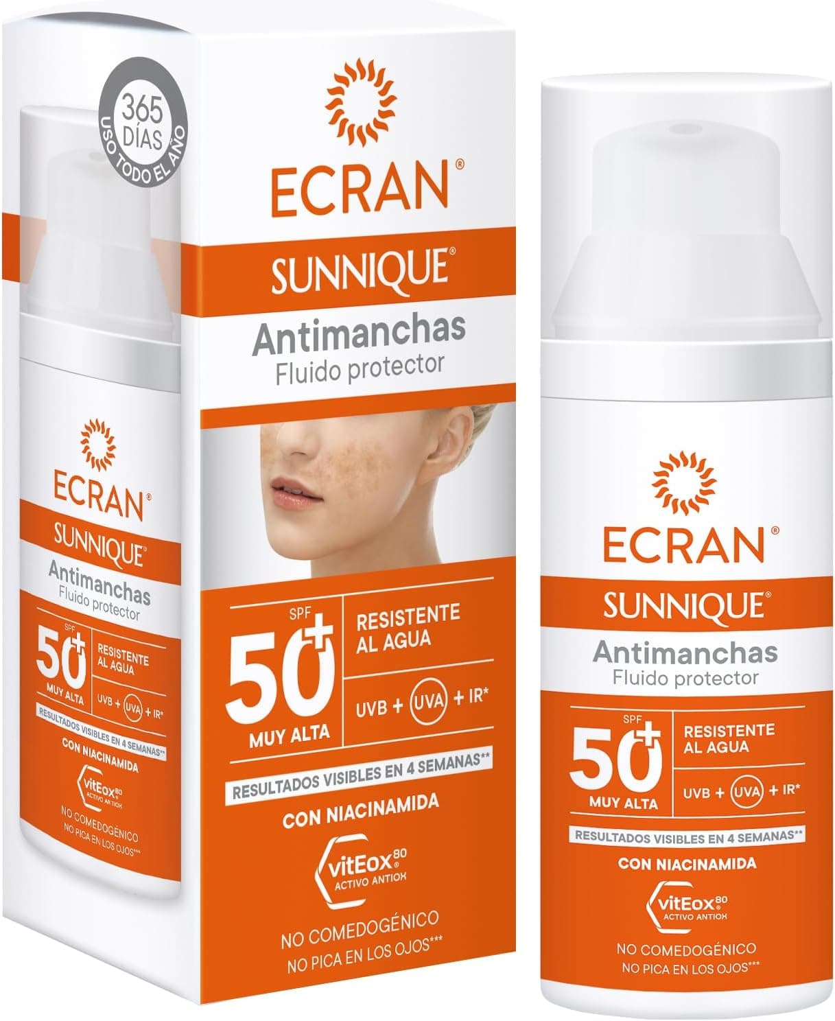 Ecran Sunnique - Fluido protetor solar SPF 50, antimanchas, proteção contra queimaduras, unifica o tom da pele, fórmula com VitEox 80 - 50 ml