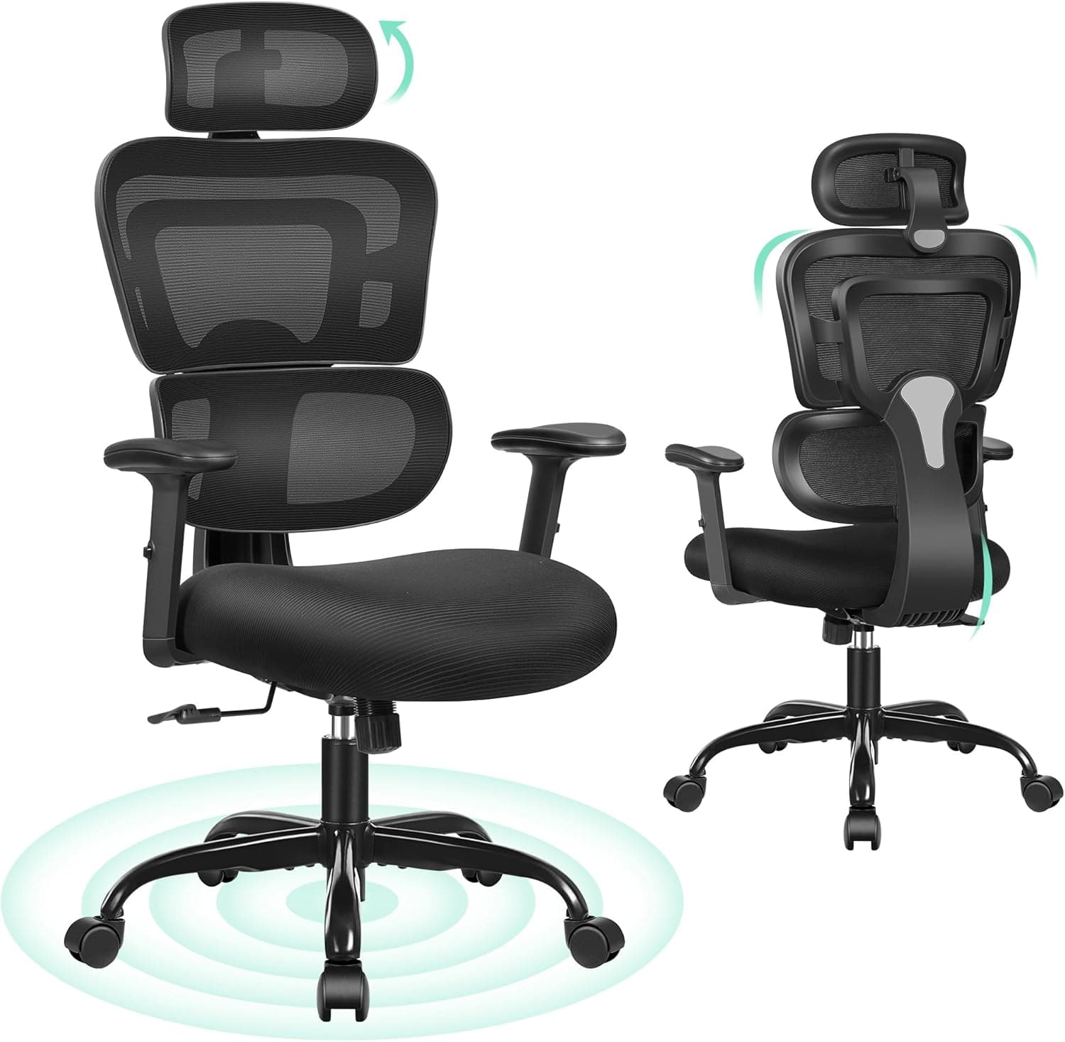 DoChair Cadeira de escritório ergonómica cadeira secretária encosto de cabeça 3D com apoio de braços ajustáveis e altura do assento, encosto dinâmico, preto