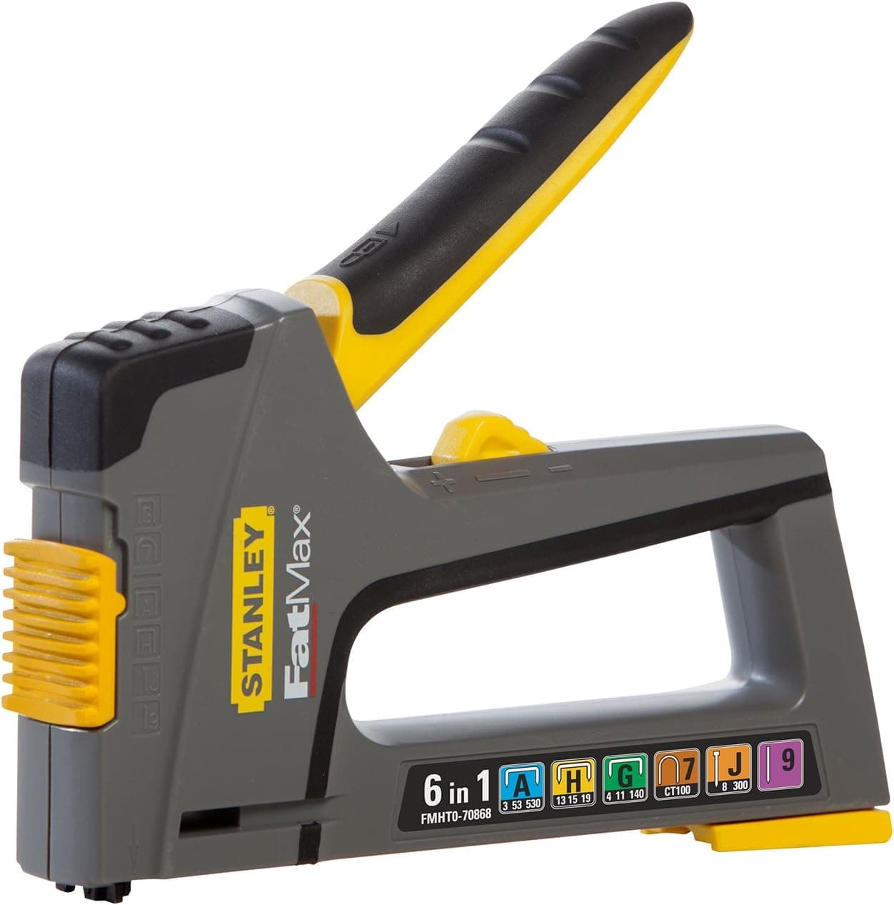 STANLEY FATMAX Agrafador 6 em 1, compacto, fácil carregamento de grampos, corpo de Abs reforçado, intensidade variável, pega suave de aderência, aceita 6 tamanhos de agrafador -FMHT6-70868