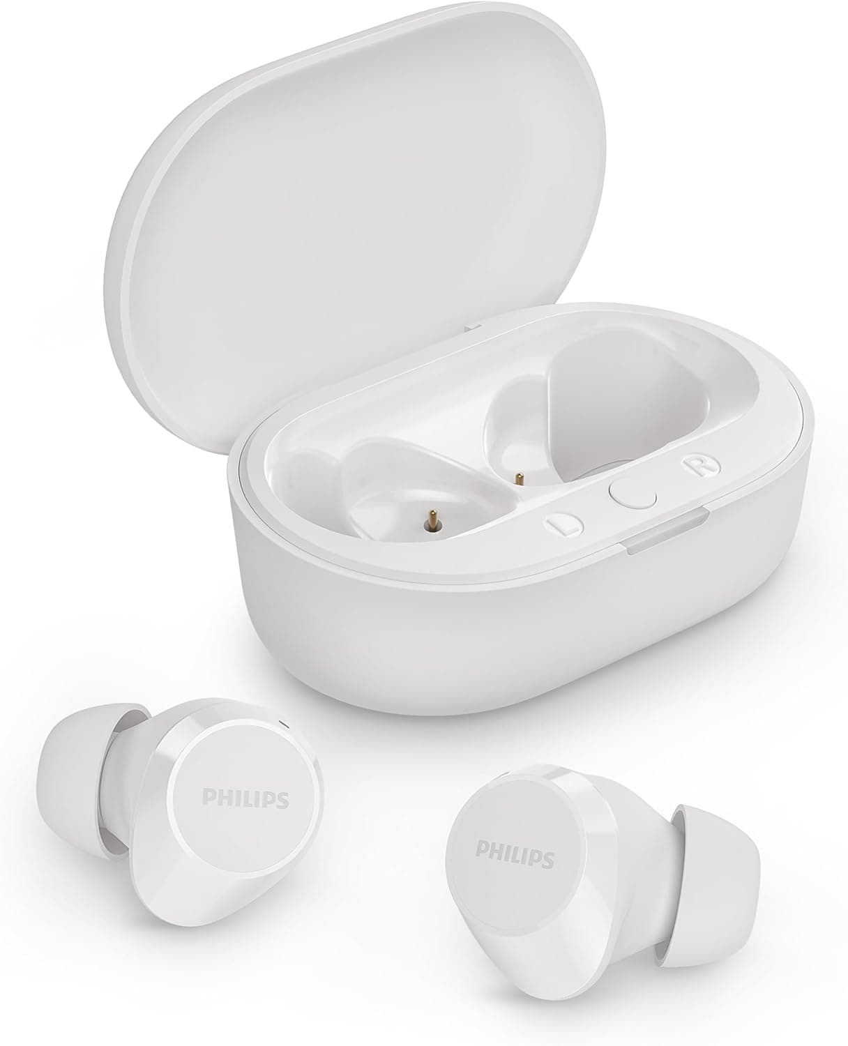 PHILIPS TAT1209WT Auriculares True Wireless com Bluetooth, auriculares pequenos, grande valor, um som natural com graves dinâmicos, chamadas nítidas e estojo de carregamento com bolso - branco