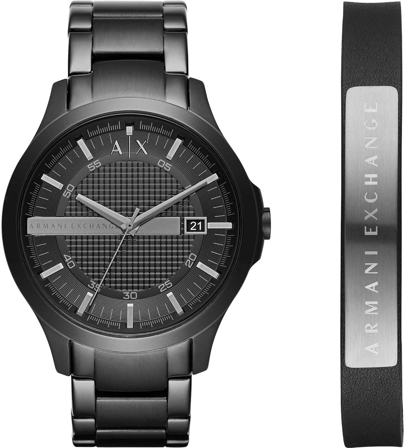 Armani Exchange Relógio para homem, movimento de três agulhas com data, 46 mm caixa de aço inoxidável prateada com correia de couro, AX2133,, Conjunto grafite, pulseira
