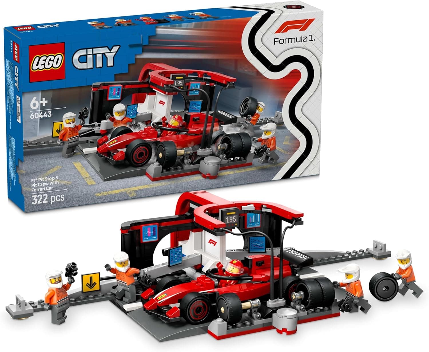 LEGO City parada em caixas de F1 e equipamento de mecânicos com carro Ferrari de brinquedo, presente de Páscoa para meninos e meninas de 6 anos, casaco de veículo de fórmula 1 com minifigura de piloto