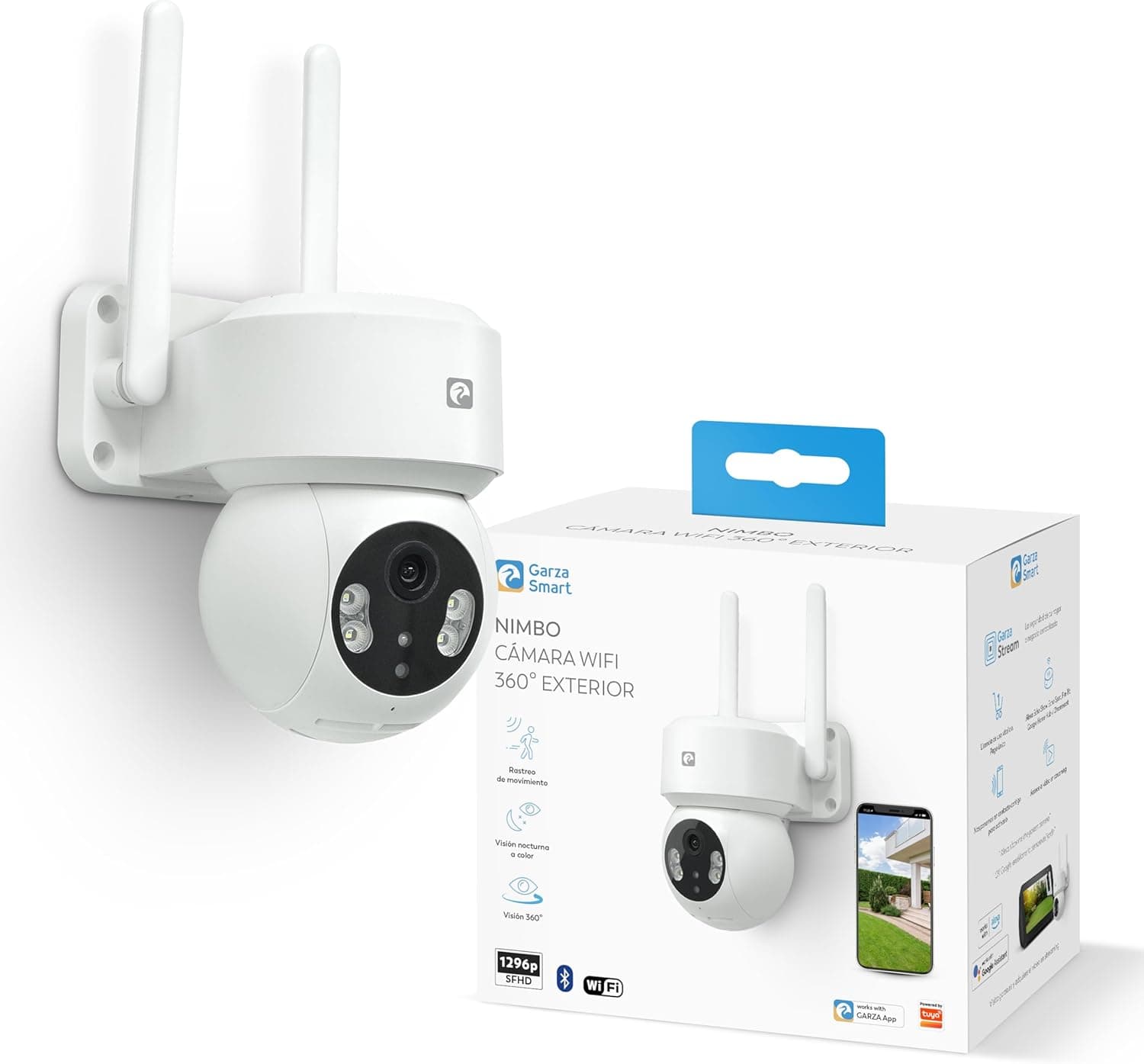 Garza Smart - Câmara de vigilância WiFi IP de 360º exterior inteligente. 1296P com visão noturna, áudio bidirecional, deteção de movimento, controlo por aplicação