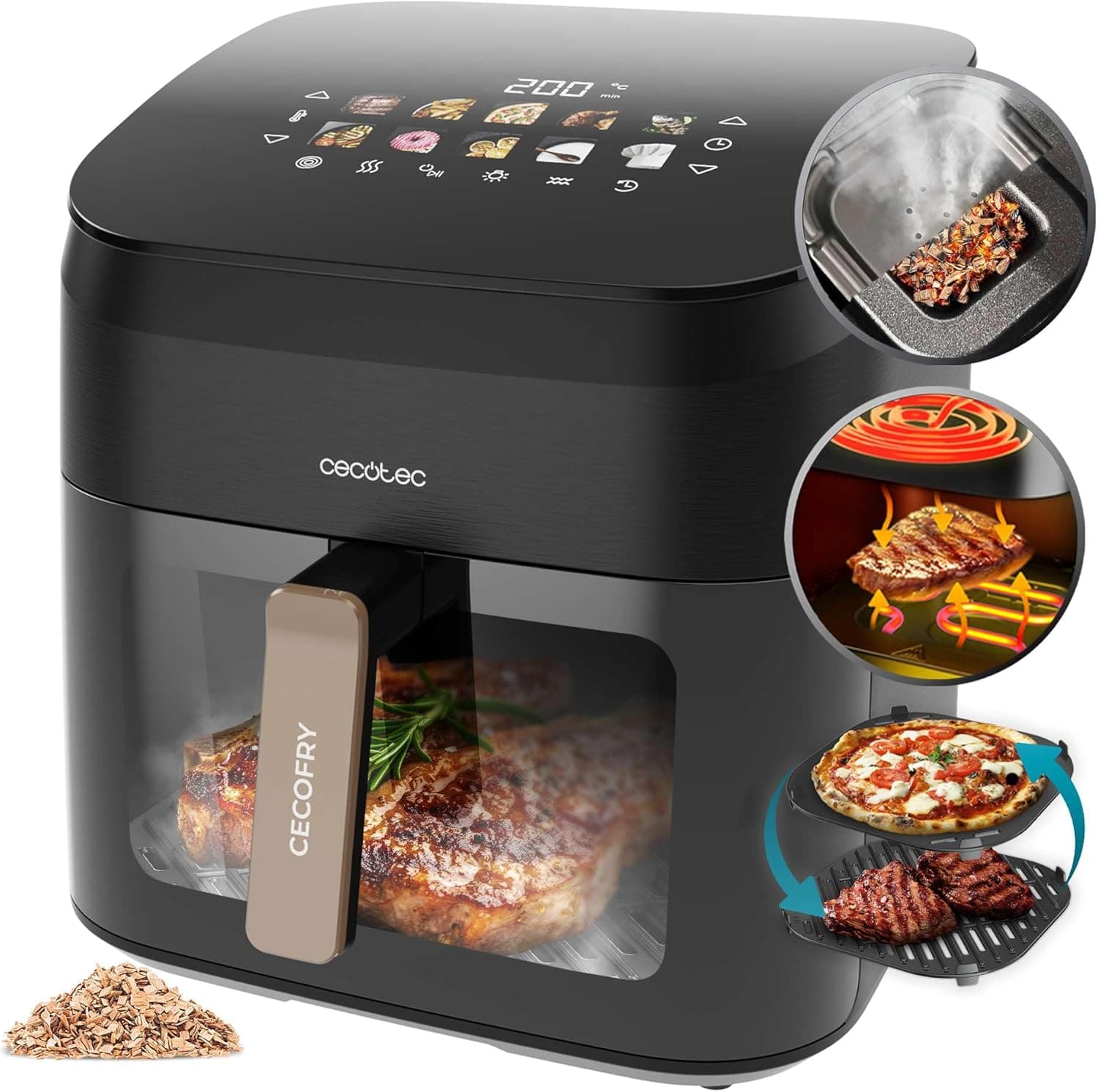 Cecotec Frigideira de ar sem óleo 8,5 l ferro de grelha dupla resistência a fumador integrado Air Fryer Cecofry&Grill Smokin' 8500. 2200 W, temperatura regulável 40 - 200 °C, 10 menus