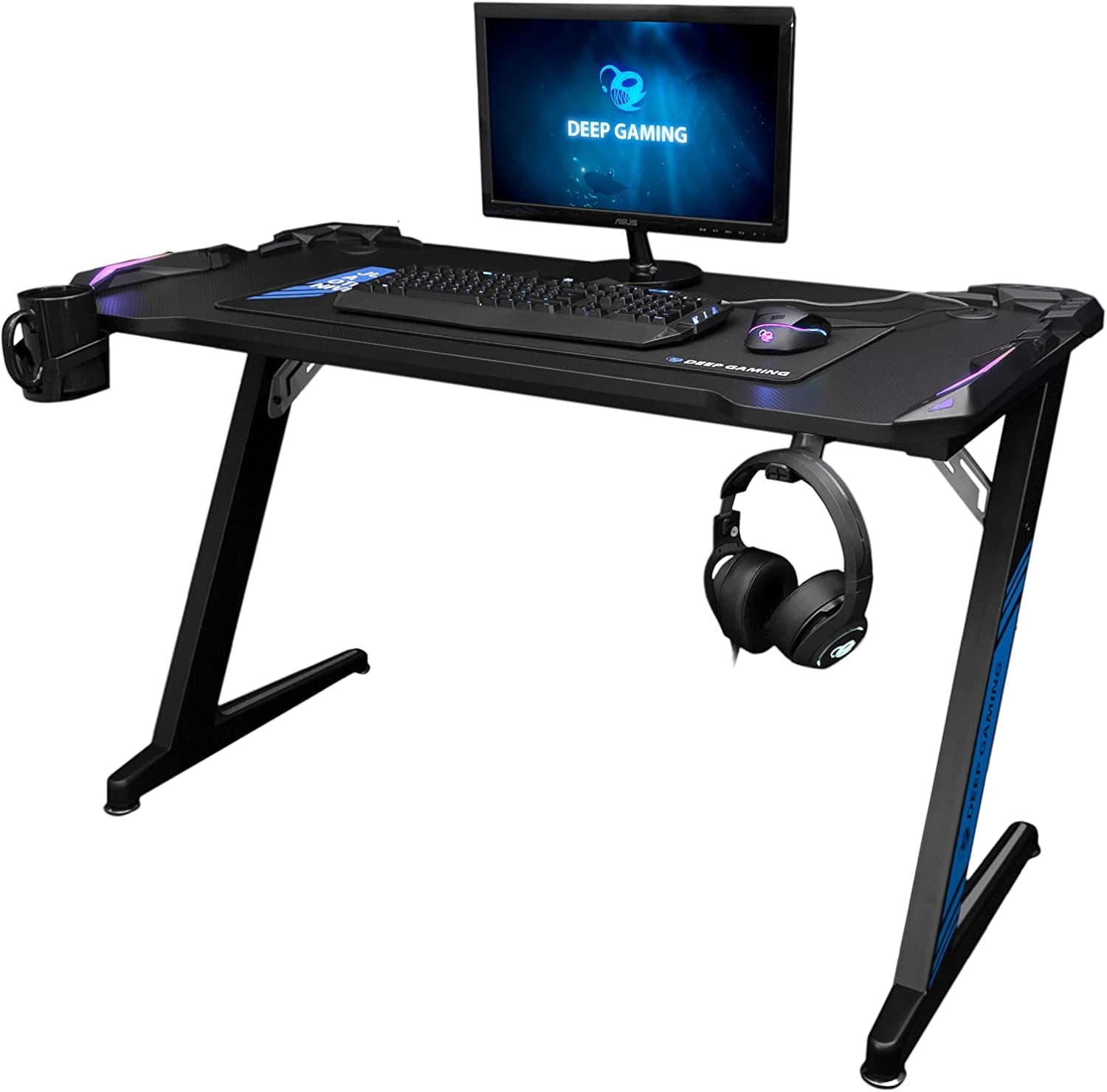 Mesa Gaming PC para e-sports com iluminação LED RGB alimentada por USB, textura de fibra de carbono, grande suporte para copos, guia de cabos e suporte para auriculares. Cor preta