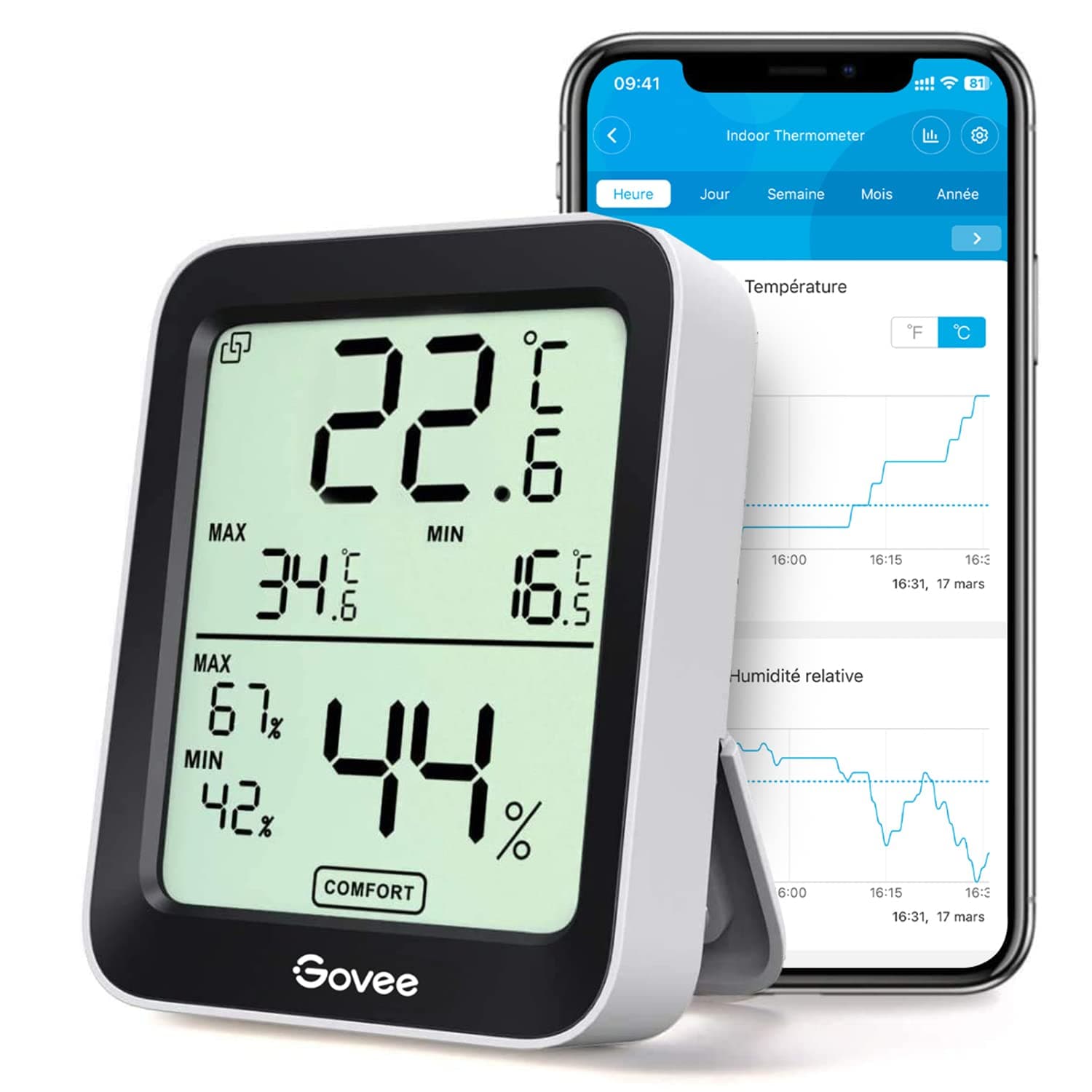 Govee Termómetro higrómetro, LCD Bluetooth medidor digital de humidade e temperatura interior com função de armazenamento de dados e alerta, para quarto