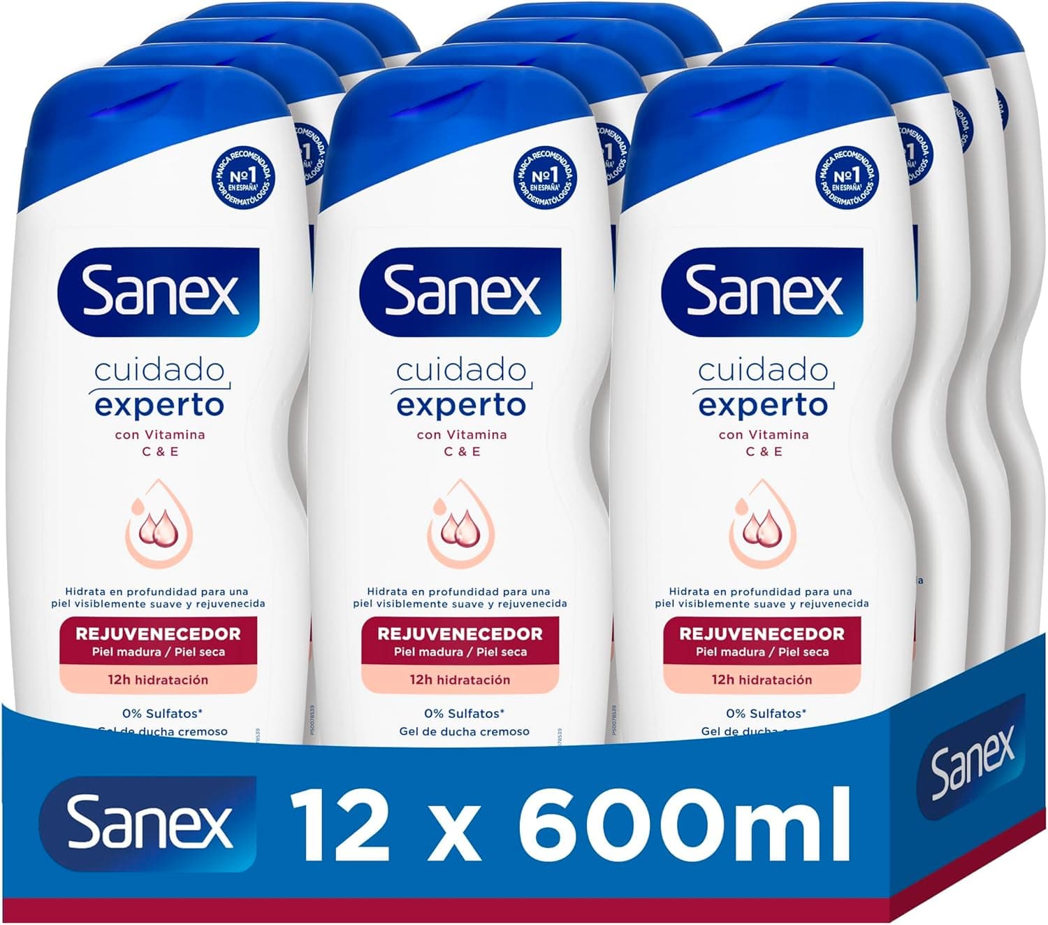 Sanex Rejuvenating Expert Care | Gel de duche para pele madura com vitaminas C e E, pack de 12 x 600 ml