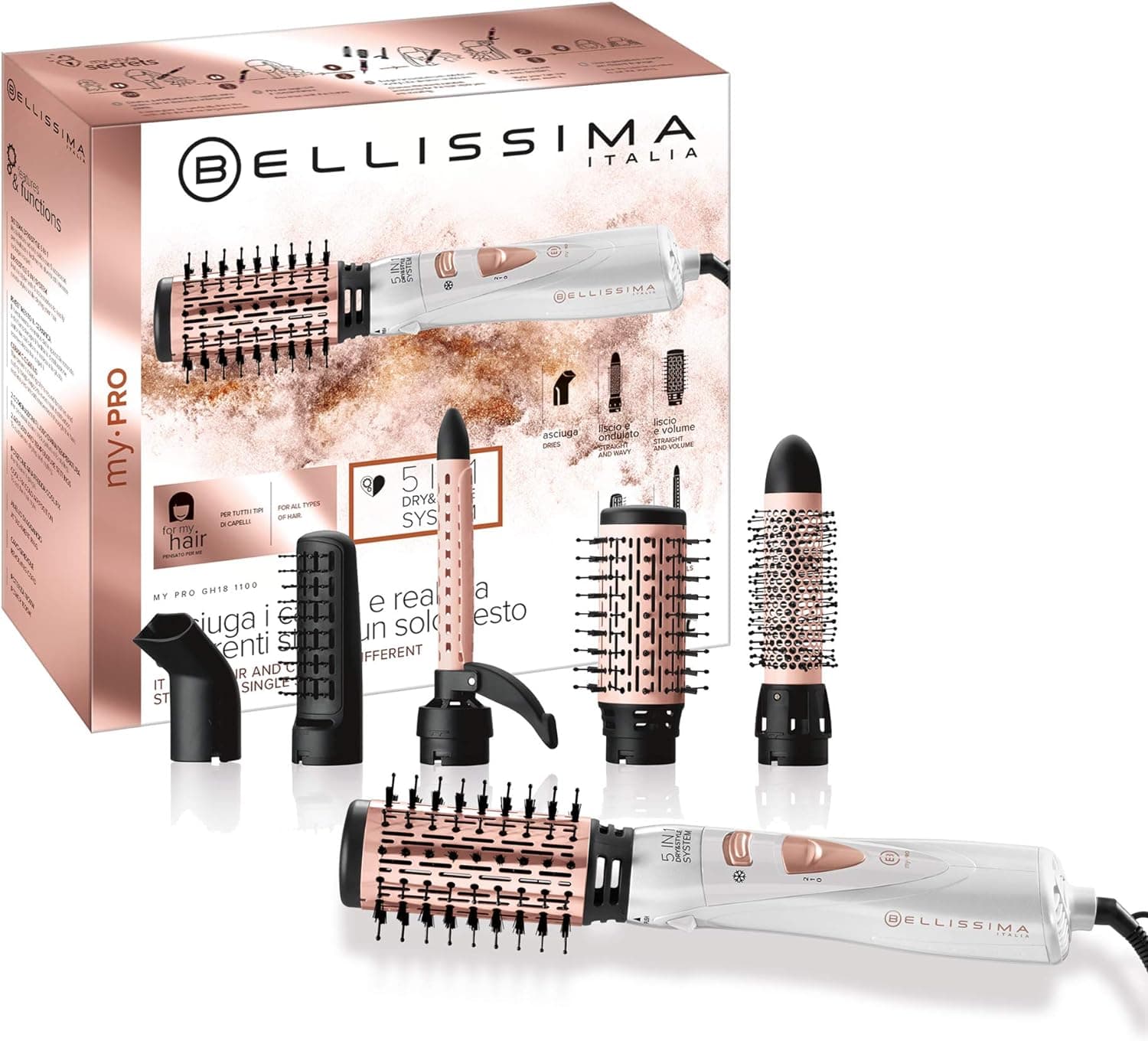 Bellissima Imetec My Pro GH18 1100, escova modeladora de ar, revestimento em cerâmica, 5 acessórios para cabelos lisos e luminosos, ondas suaves ou caracóis marcados, 1000 W, cor branca, padrão