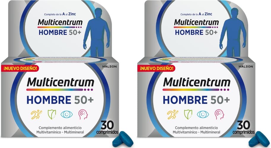Multicentrum Homem 50 complementos alimentares multivitaminas para homens 50, alto conteúdo em vitamina D, sem lúten, 30 comprimidos x 2