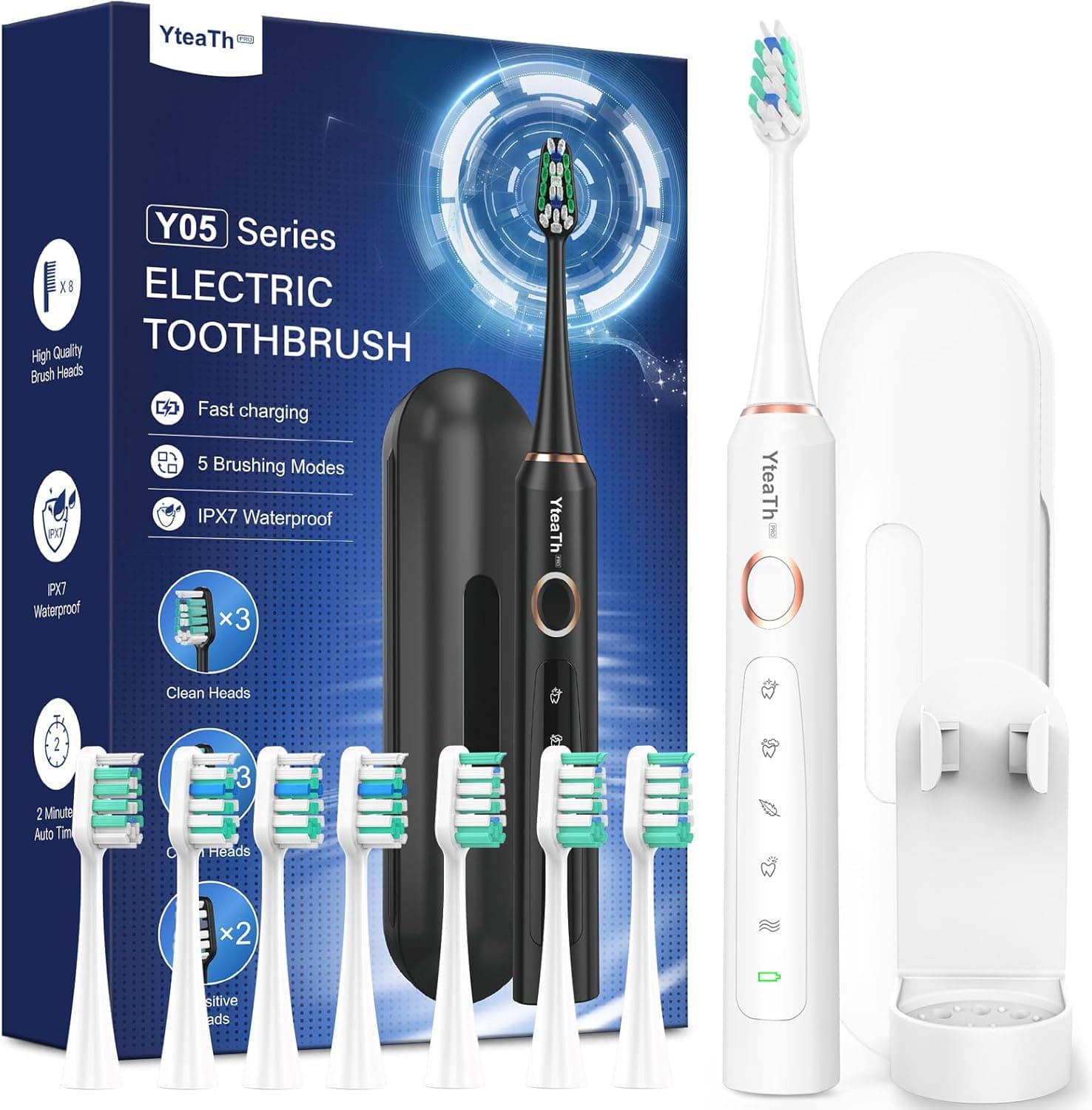 Escova de dentes elétrica sónica para branqueador dental, escova elétrica sónica para adultos com 8 cabeças e estojo de viagem, 5 modos, IPX7, escova de dentes elétrica de viagem, branca pérola